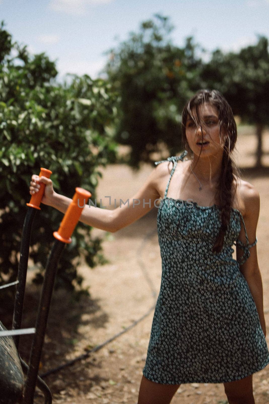 A woman is wearing a blue dress and holding garden tools among green foliage and trees on a sunny day