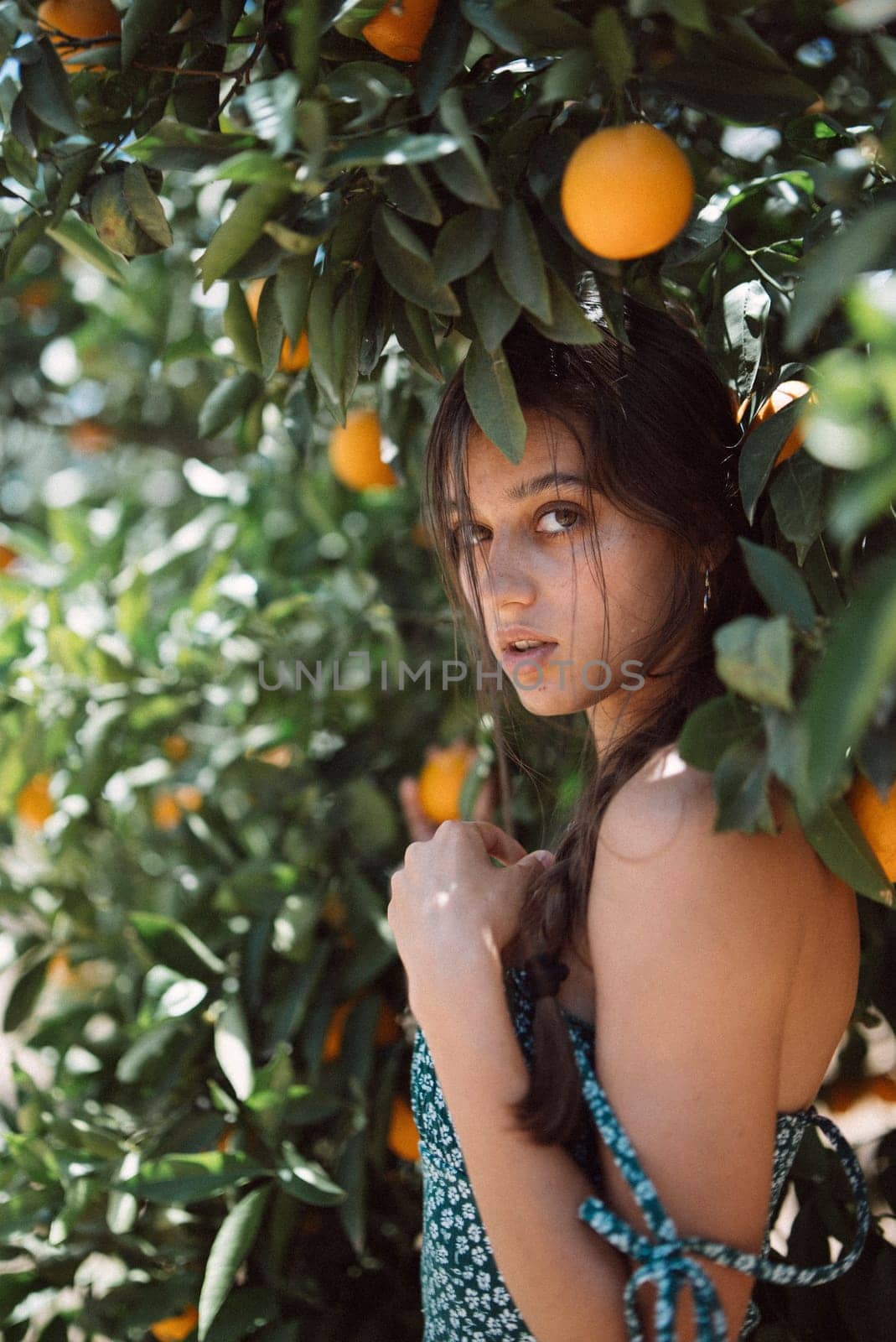 In a sunlit orange orchard, a serene, beautiful woman exudes tranquility, embodying calmness and peace