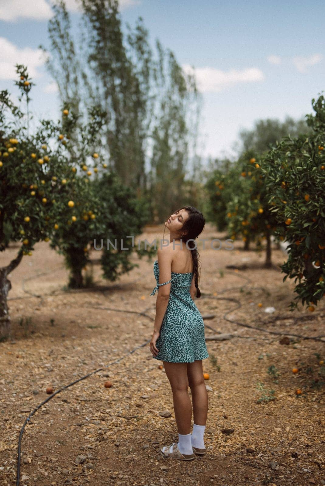 A young woman in a green dress stands in an orange grove, enjoying the peaceful and serene environment.