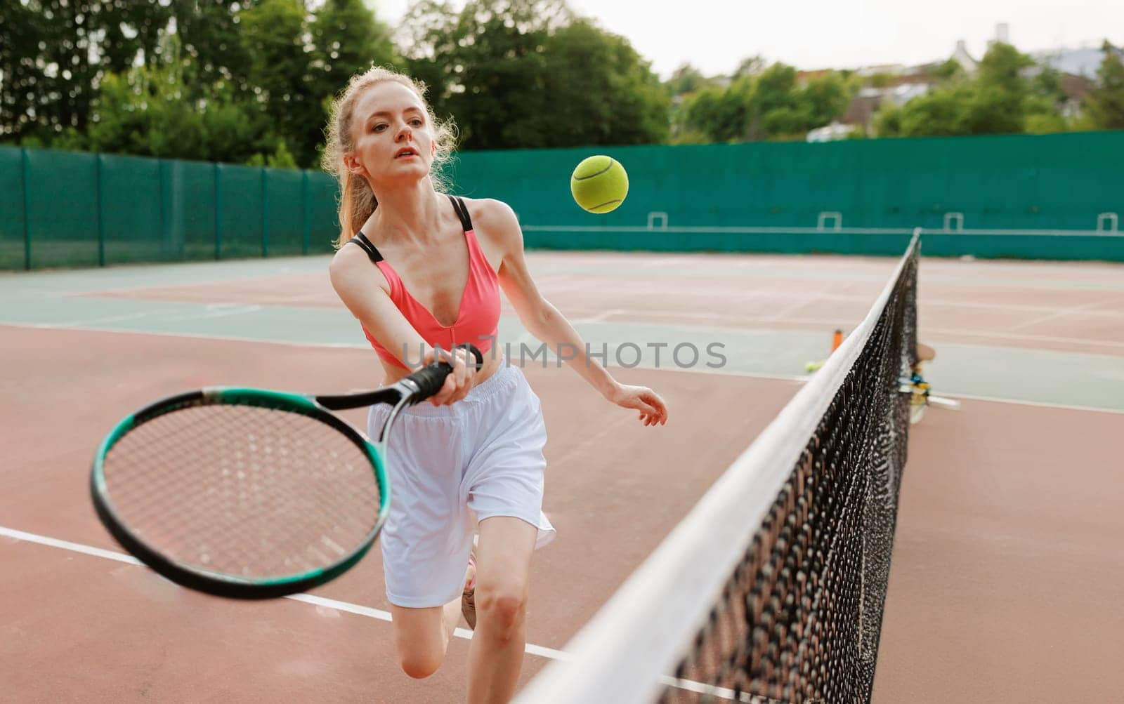 girl playing tennis on the court, tennis training, tennis tournament, happy tennis player