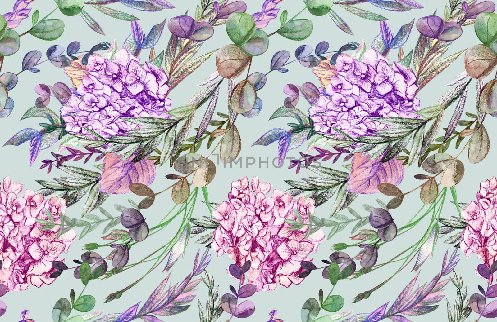 Summer pattern with hydrangea flowers drawn in pencil and watercolor for textiles and design