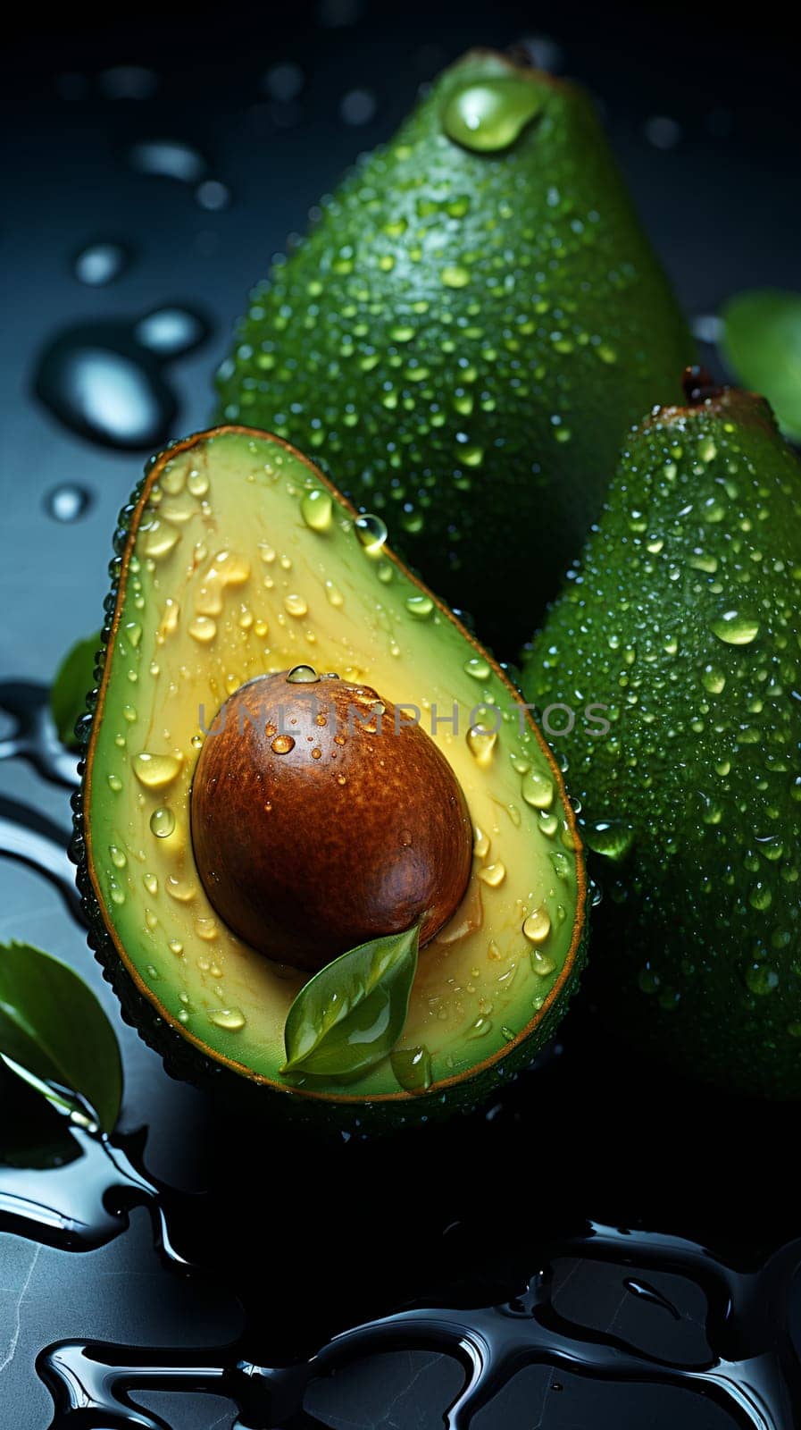 Halved avocado with seed, glistening with water droplets, rests on a glossy dark background, highlighted by subtle lighting - Generative AI