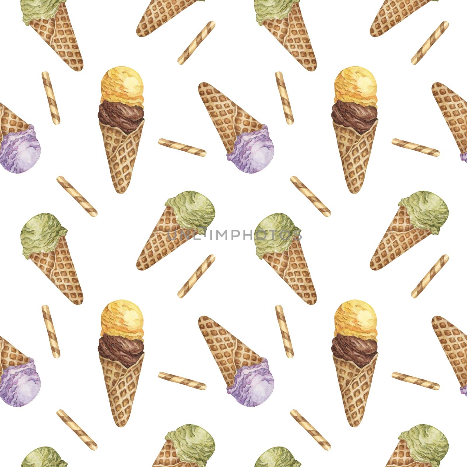 Ice cream scoops in the waffle cone seamless pattern. Lemon, chocolate, lavender, matcha flavors treat clipart Dessert watercolor print for textile, wallpaper, napkin, ice cream parlor design, covers