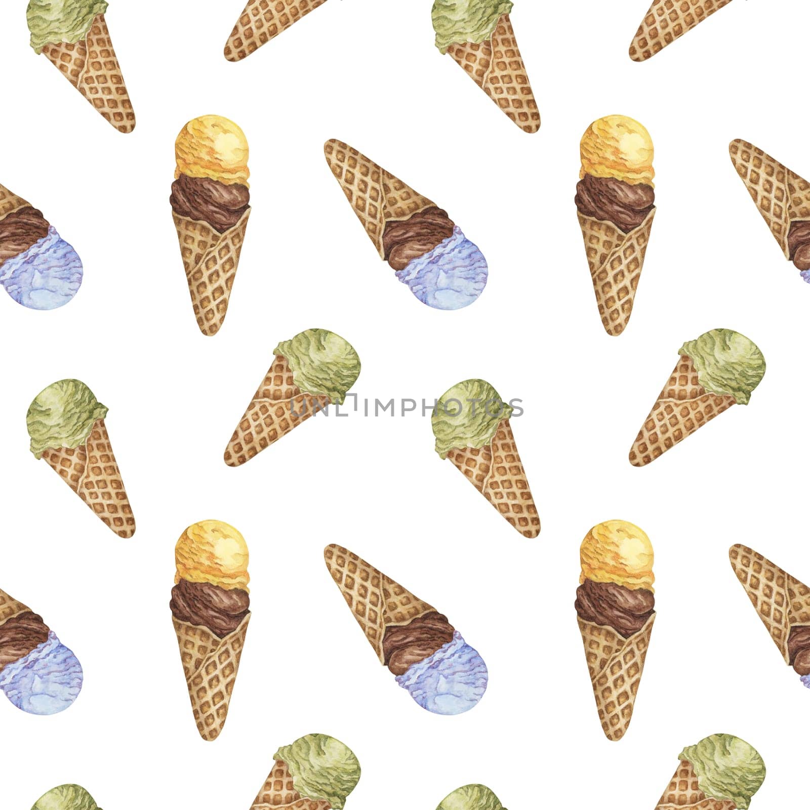 Colorful ice cream seamless pattern. Bubblegum, chocolate, banana, lemon, pistachio or matcha flavors in retro style. Watercolor clipart for printing, textile, apparel, wrapping paper, scrapbooking