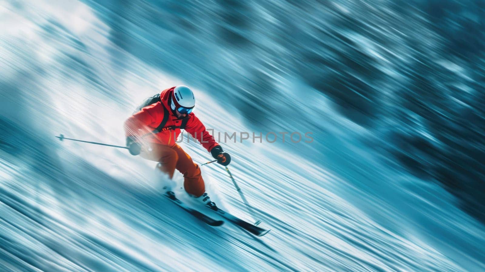 Long exposure shot of a skier racing downhill with motion blur, High speed and excitement.