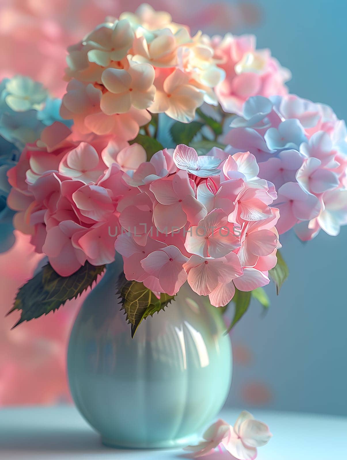 A beautiful flower arrangement of pink and blue blooms sits in a vase on a table, brightening up the room with colorful petals