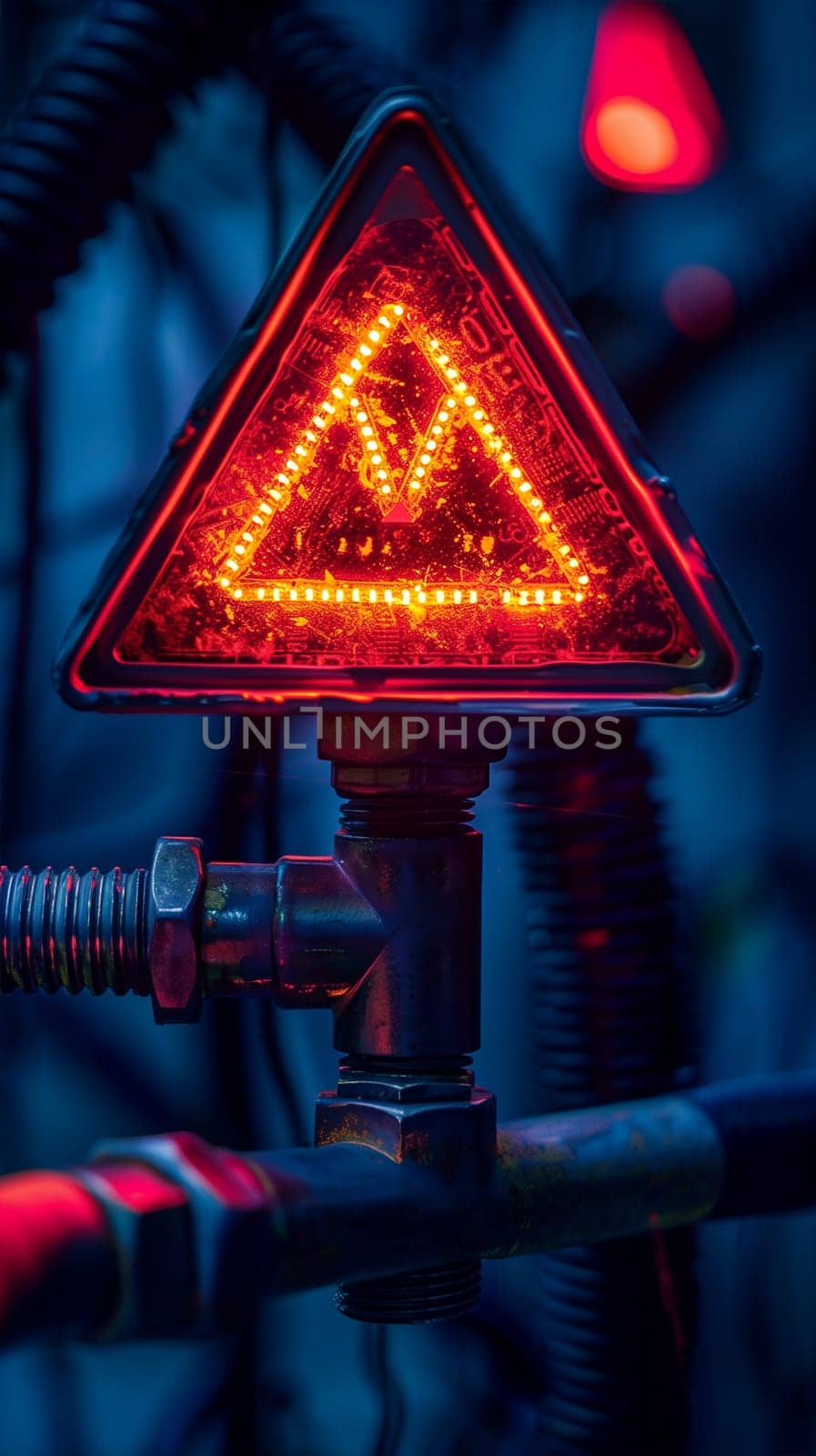 Close-up of a red warning triangle light attached to a pipe in an industrial setting. The light is glowing brightly, with a blue background.