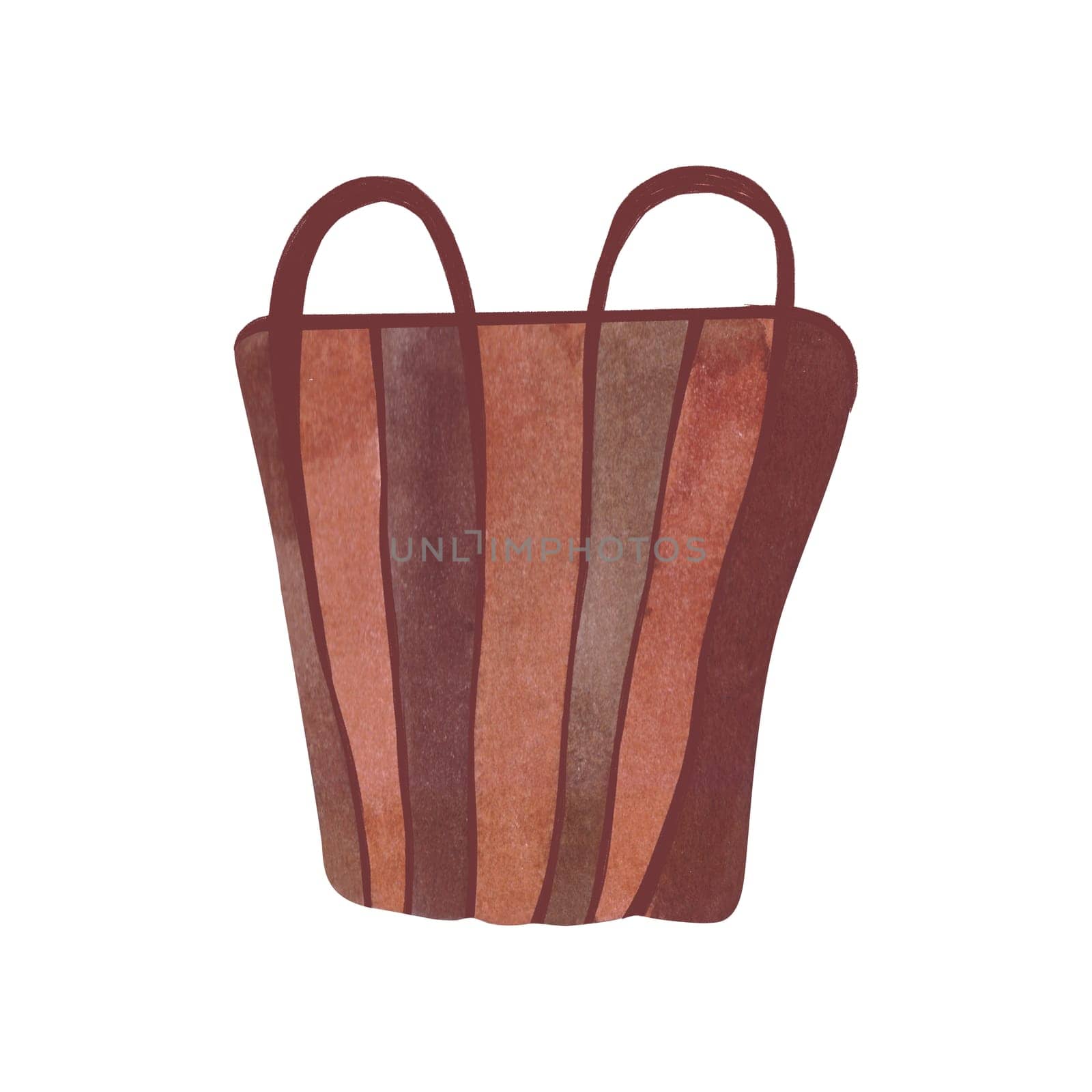 Interior basket with handles made of reddish-brown straw for home flowers or storing handicrafts. Home stuff. Isolated watercolor illustration on white background. Clipart