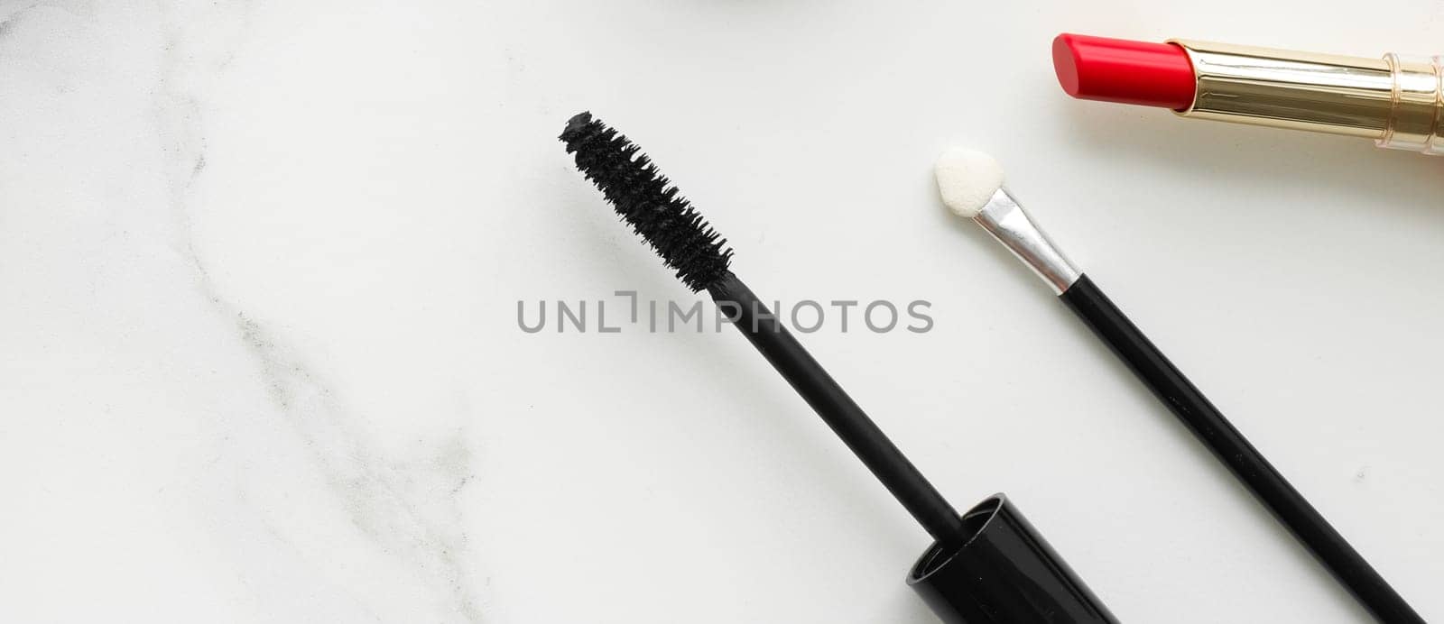 Make-up and cosmetics on marble, flatlay - modern feminine lifestyle, vlog background and styled stock concept. Beauty inspiration in a fashion blog