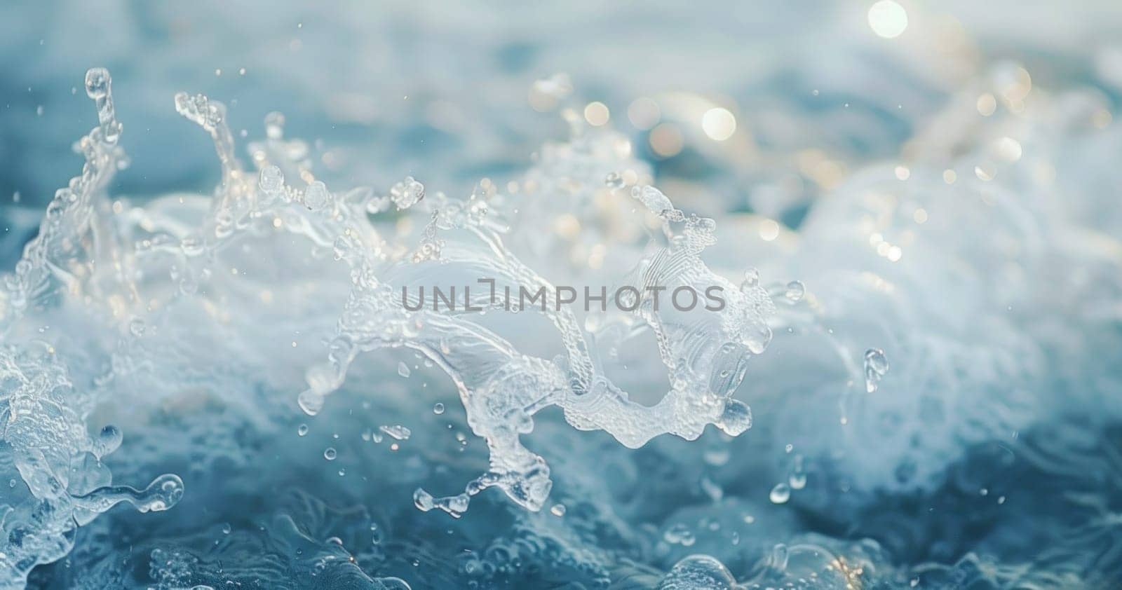 Close-up of ocean water splash with bokeh, vibrant summer travel scene background by evdakovka