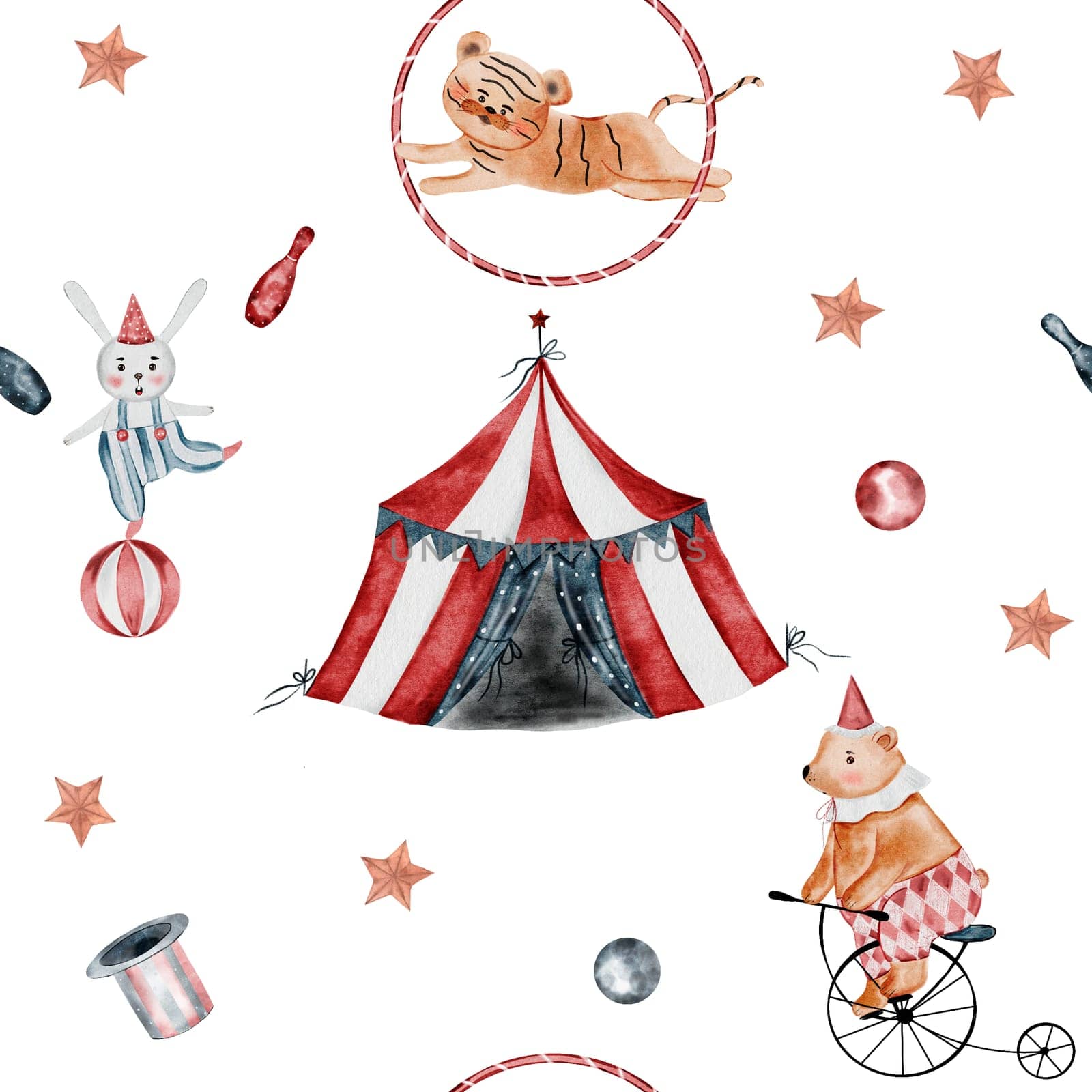 Circus watercolor pattern. Seamless vintage hand drawn pattern of cute animals, bear on a bicycle, bunny on a ball and jumping tiger. Ideal baby pattern for textiles and decoration of children's rooms. High quality illustration