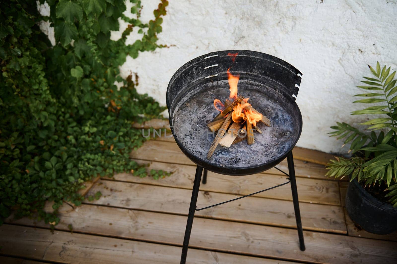 Outdoor fire pit with burning wood on a wooden deck surrounded by lush green plants, creating a cozy atmosphere.