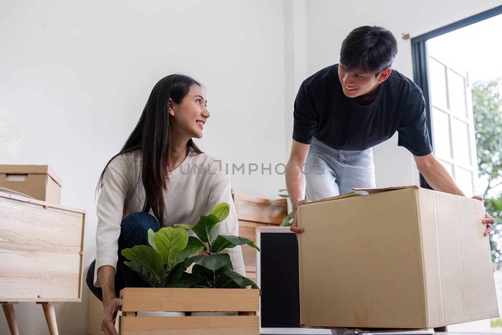 A cheerful couple moving into their new house, carrying boxes and plants, symbolizing a fresh start and new beginnings.