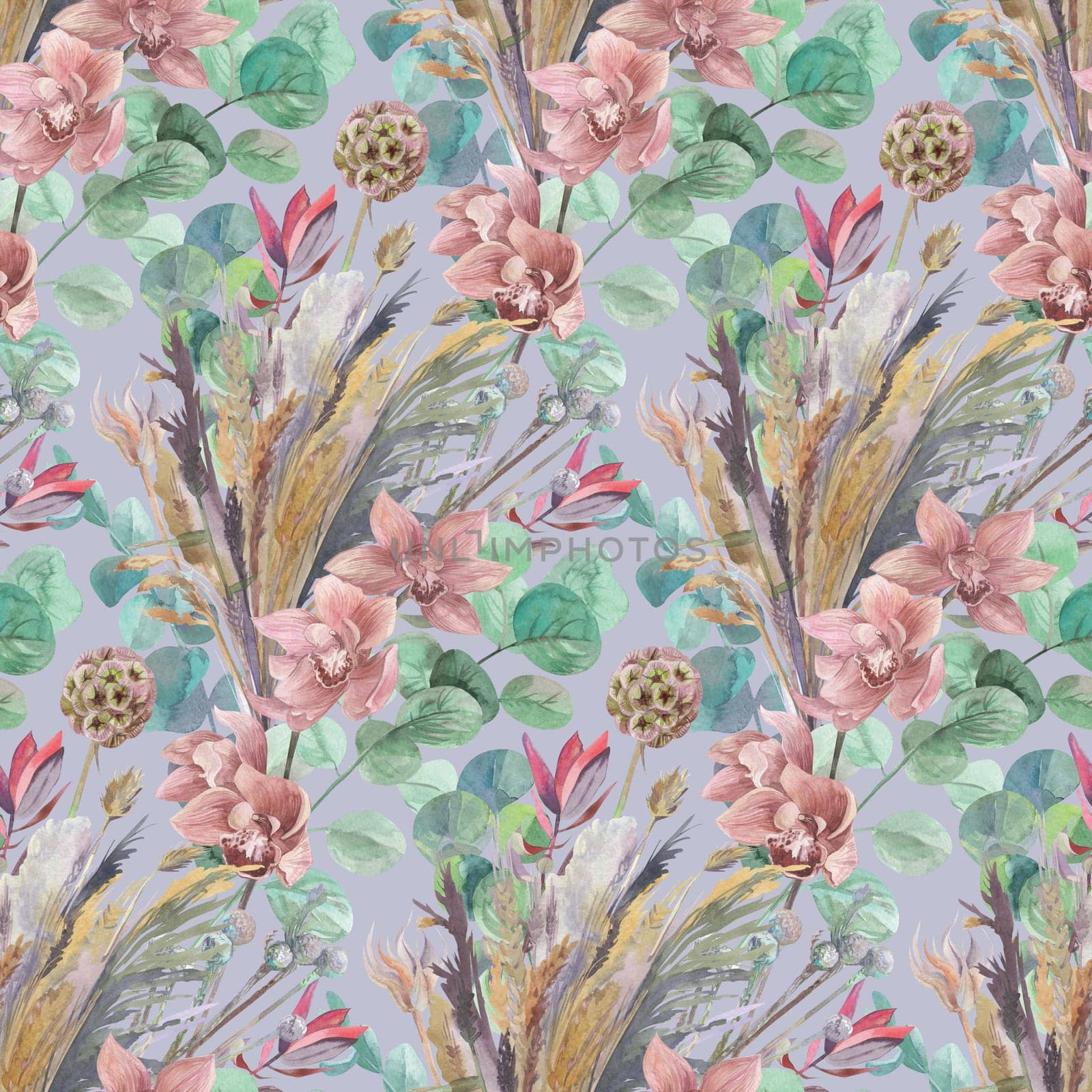 watercolor seamless pattern with wild field dry flowers and orchid in boho style for textiles and surface design