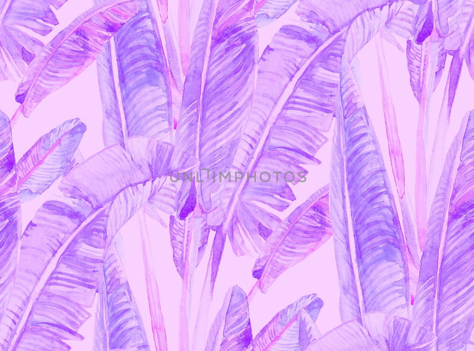 seamless monochrome pattern with watercolor banana palms in purple hues on a lilac background