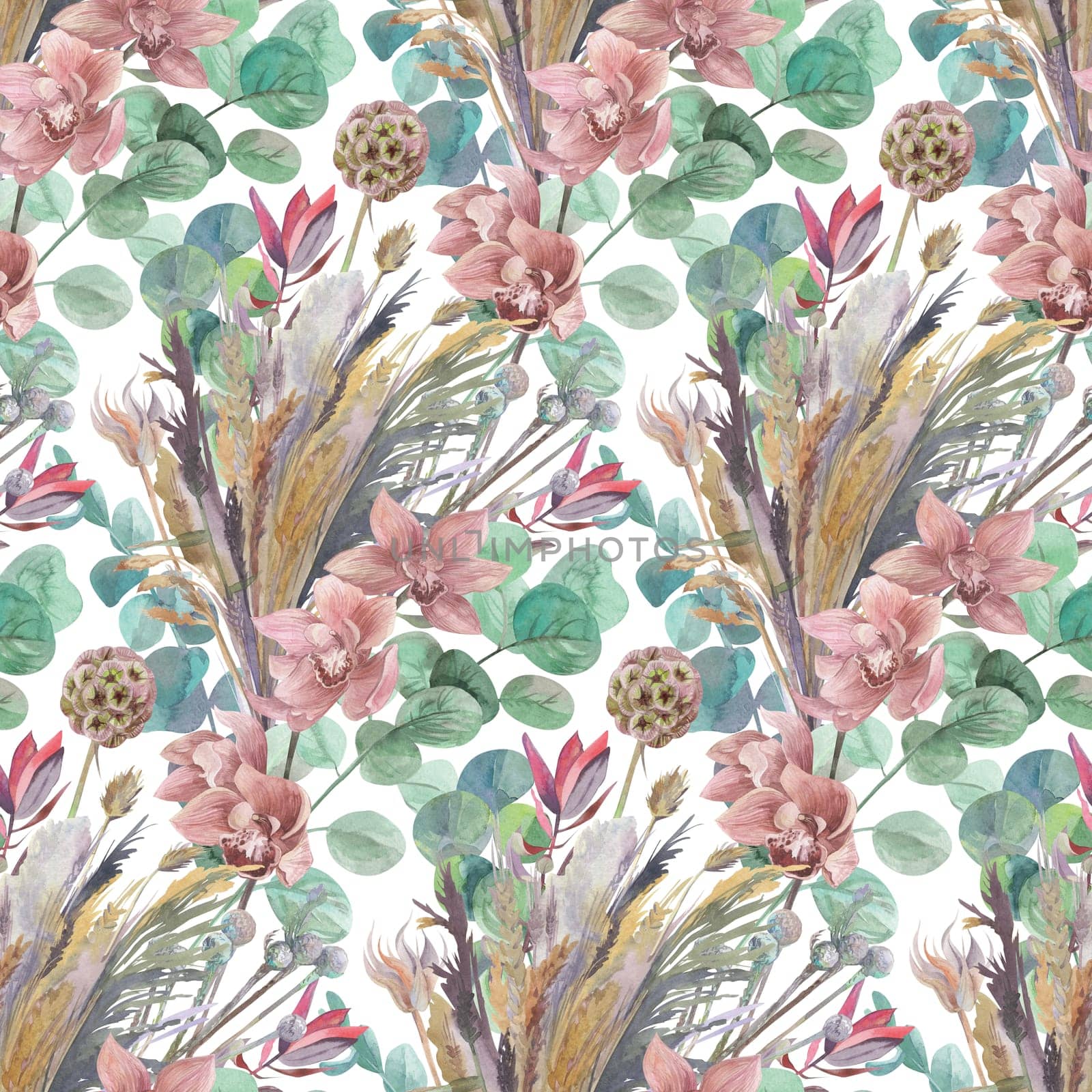 vintage style pattern painted in watercolor with dried flowers and chrysanthemum