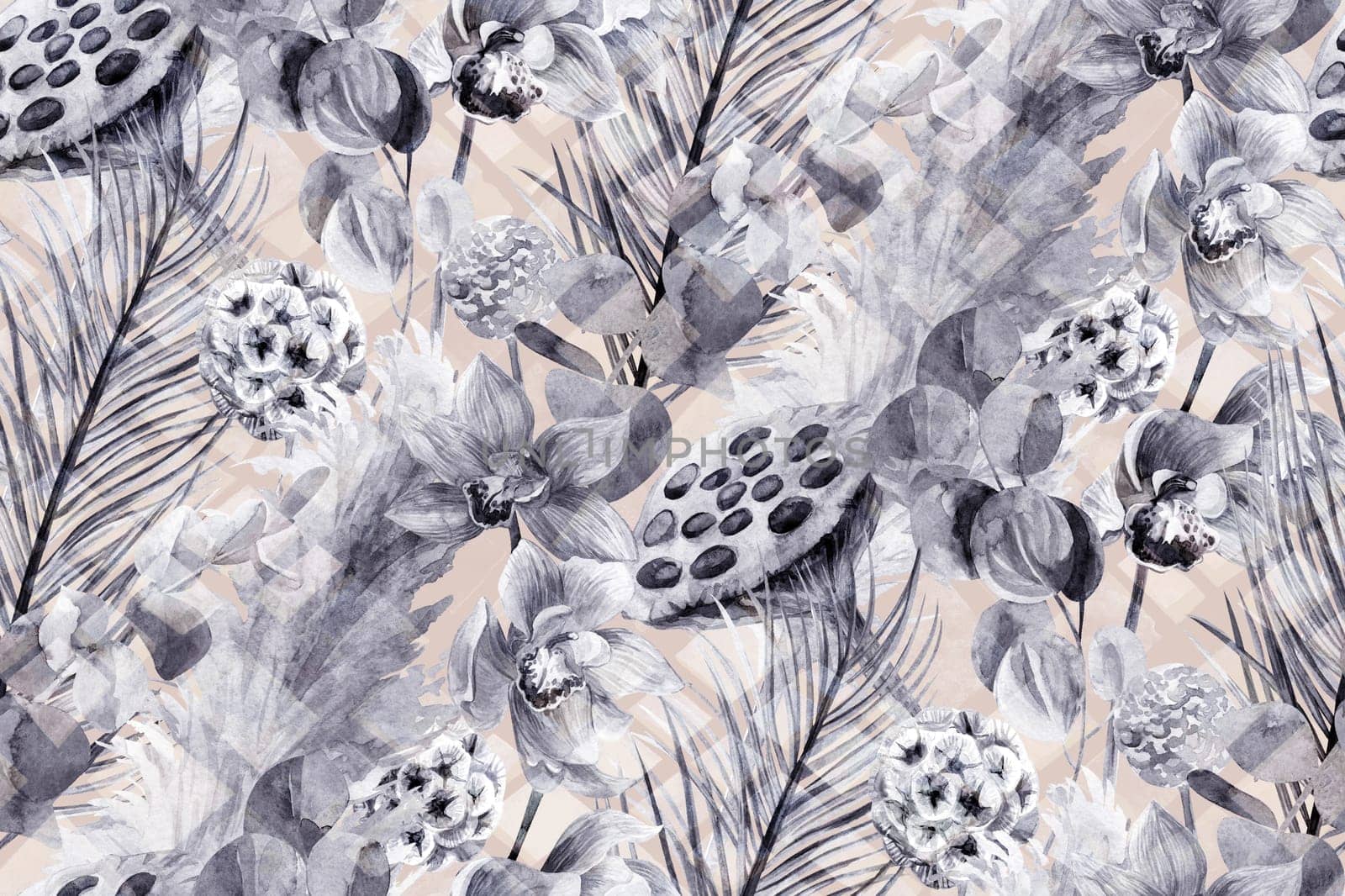 watercolor black and white seamless tropical pattern with dried flowers herbarium with orchid flower and dry palm branches in boho style in beige shades for textiles and surface design