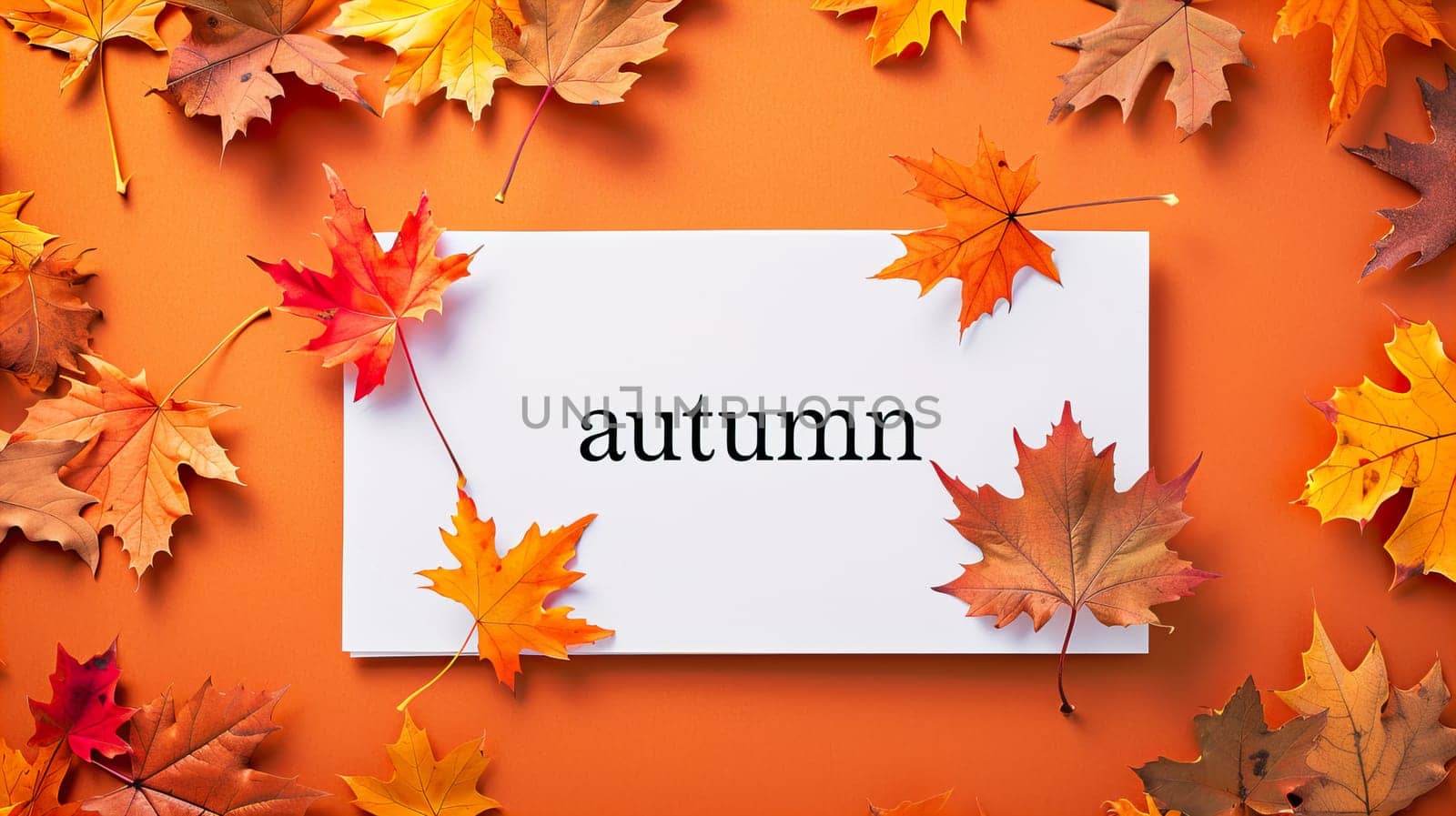 Orange autumn background with leaves and a white leaf. High quality