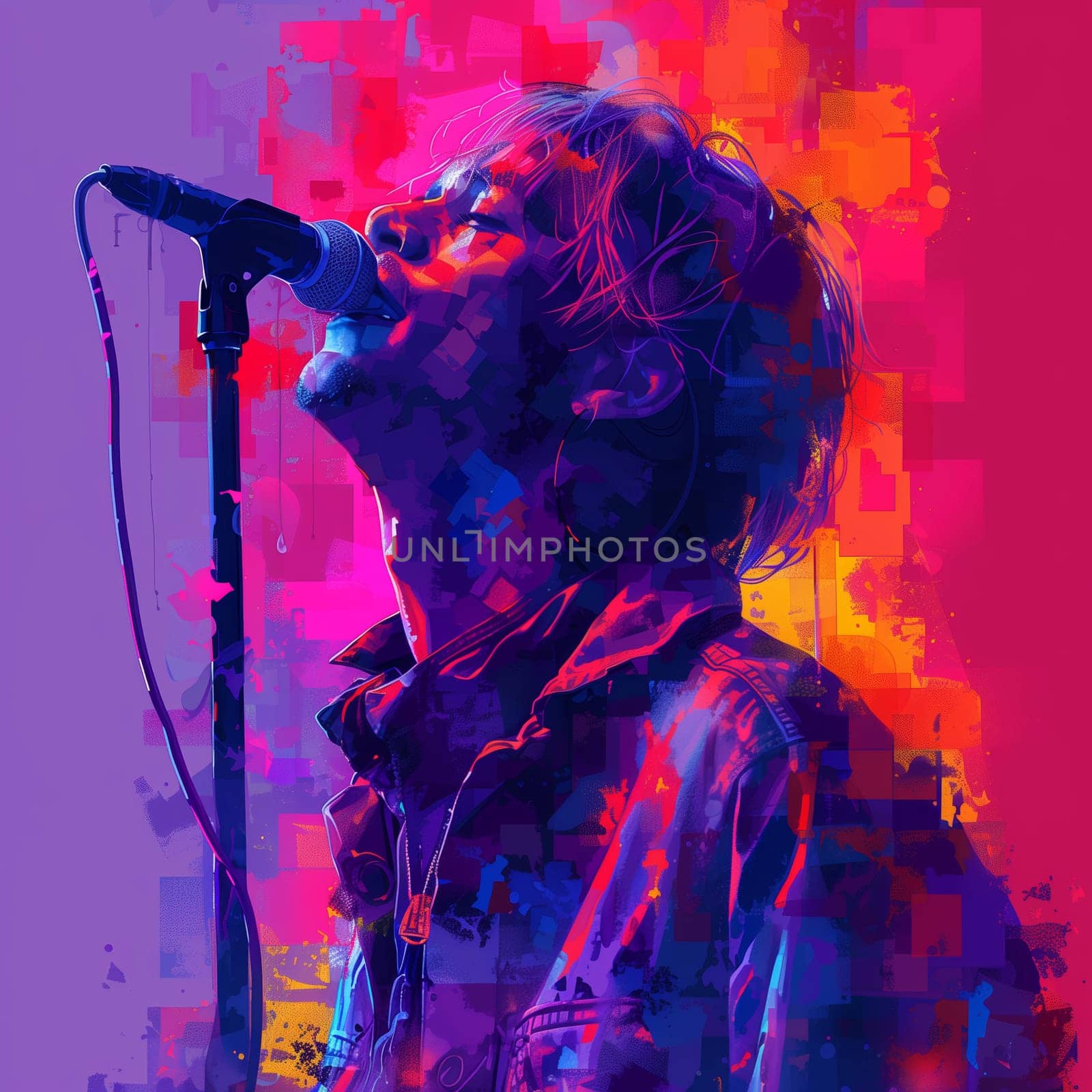 This is a digital painting of a male singer performing live on stage. He is wearing a dark jacket and has his head tilted back as he sings into a microphone. The image is set against a vibrant background of pink, purple, and orange hues. The painting captures the energy and passion of a live concert performance.