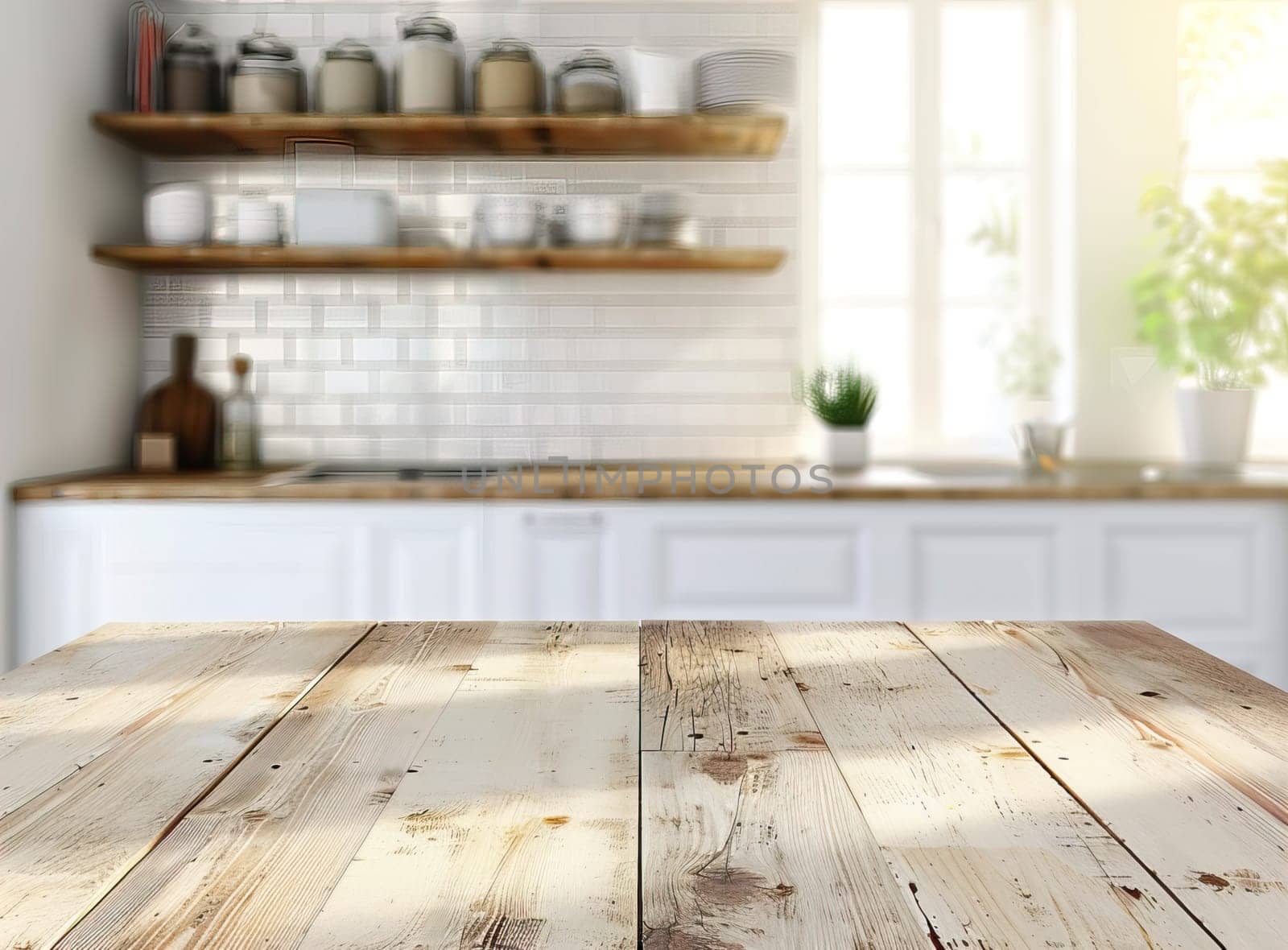 A wooden table with a blurred background. Kitchen with a window. High quality
