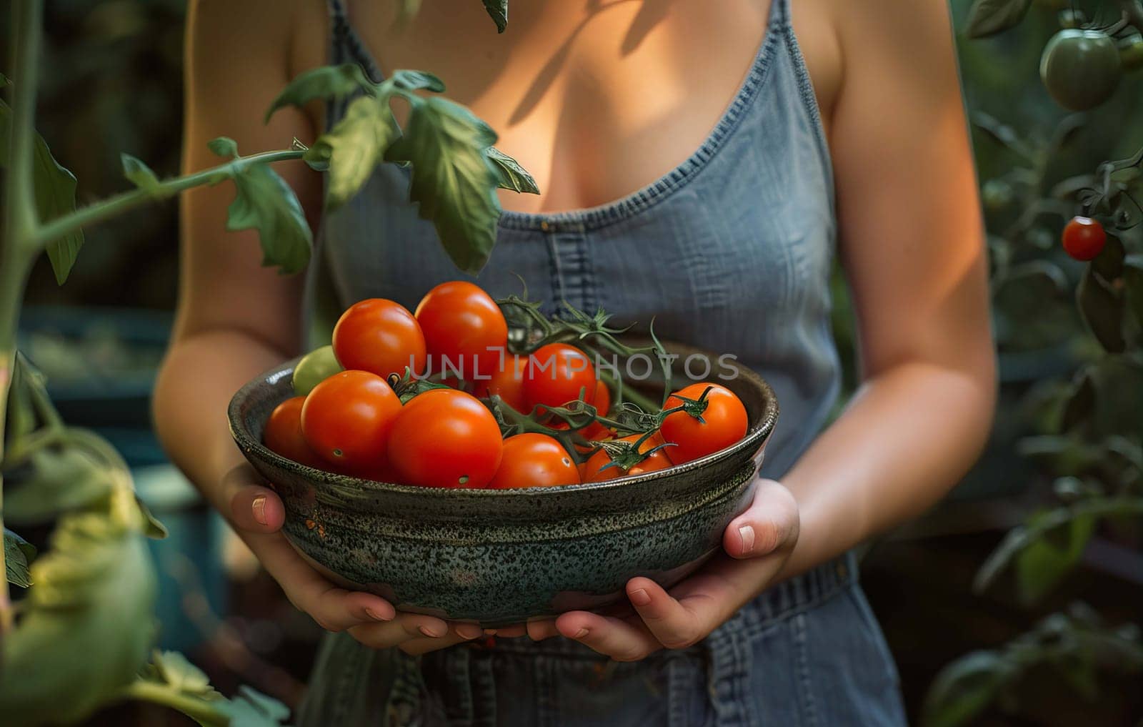 A girl holds a harvest tomato in a cup. High quality