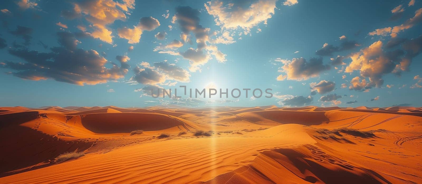 The vast, golden sands of the Sahara Desert stretch out under a brilliant blue sky, dotted with fluffy white clouds. The sun shines brightly, casting a warm glow across the landscape.