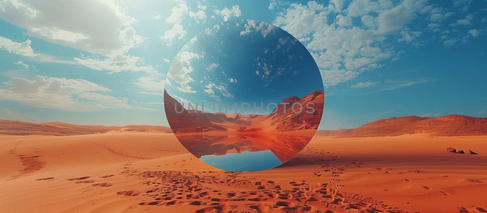 A large, round, reflective sphere sits on the sand in a vast desert landscape. The sphere reflects the bright, blue sky, white clouds, and red, sandy hills behind it. Footprints lead up to the sphere, suggesting that someone recently visited the site.