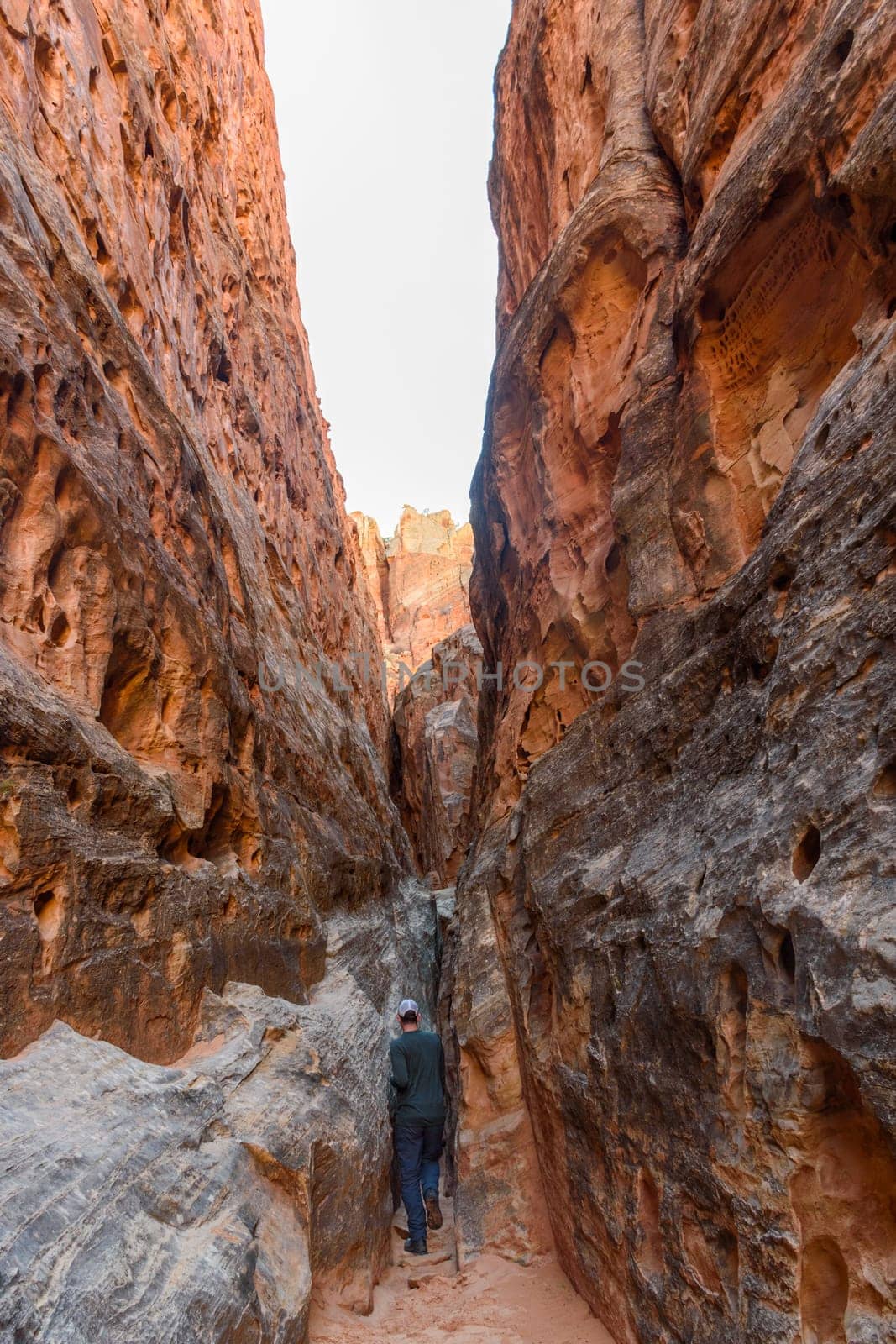 A lone male hiker navigates through the narrow, towering rock walls of a side slot canyon in Cohab Canyon in Capitol Reef National Park, Utah, USA