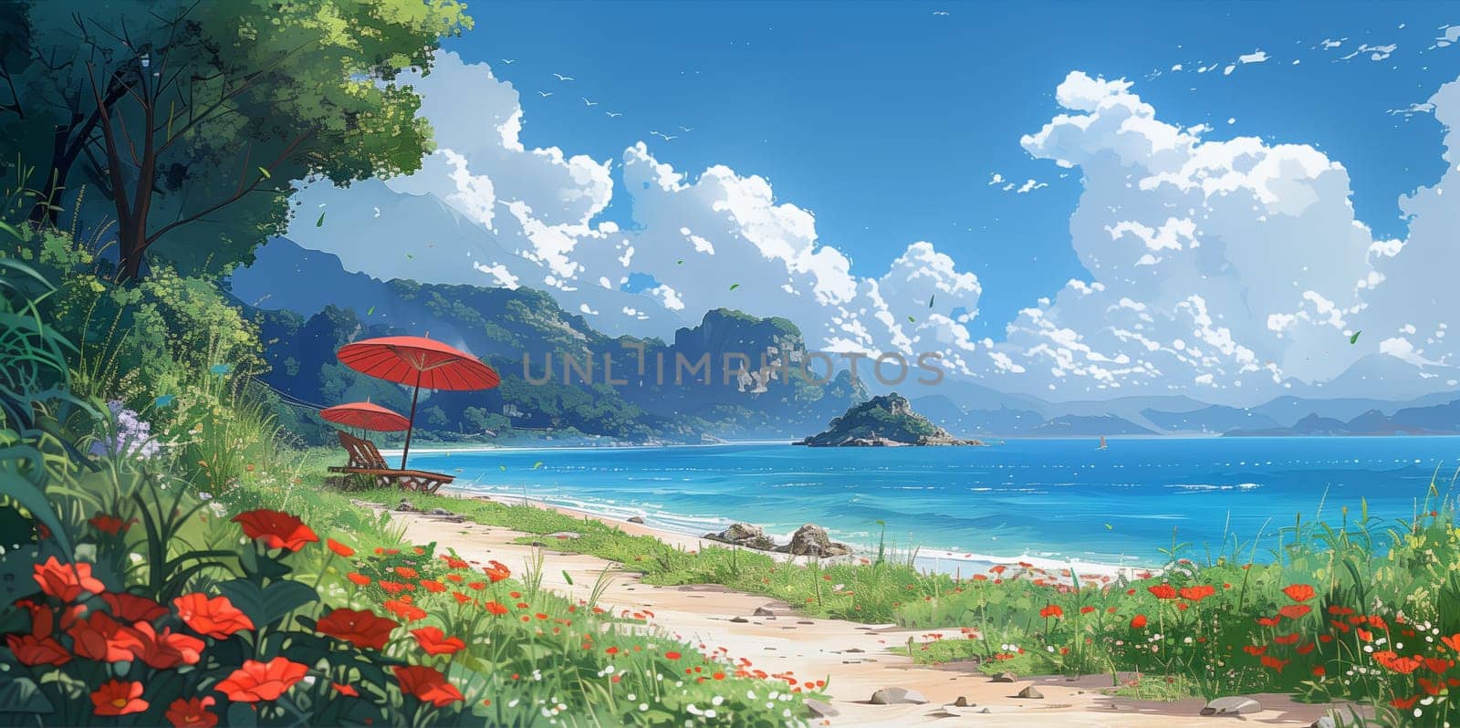 A picturesque scene of a calm beach with lush green foliage, red umbrellas, and a clear blue sky with white fluffy clouds. The beach is sandy and leads to turquoise water, with a small island in the distance. The scene suggests a peaceful and relaxing atmosphere.
