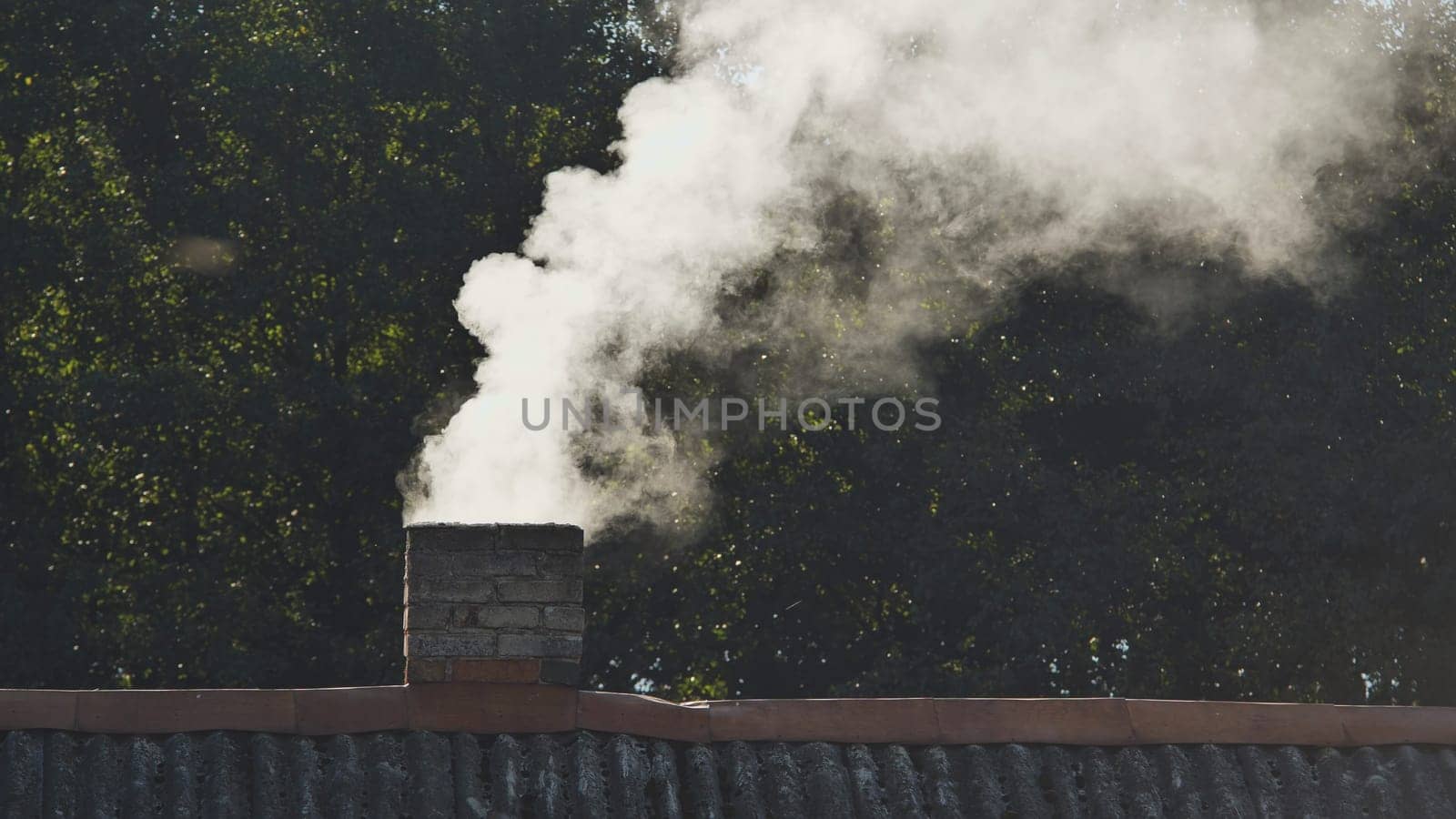 White smoke from the chimney of the village house. by DovidPro