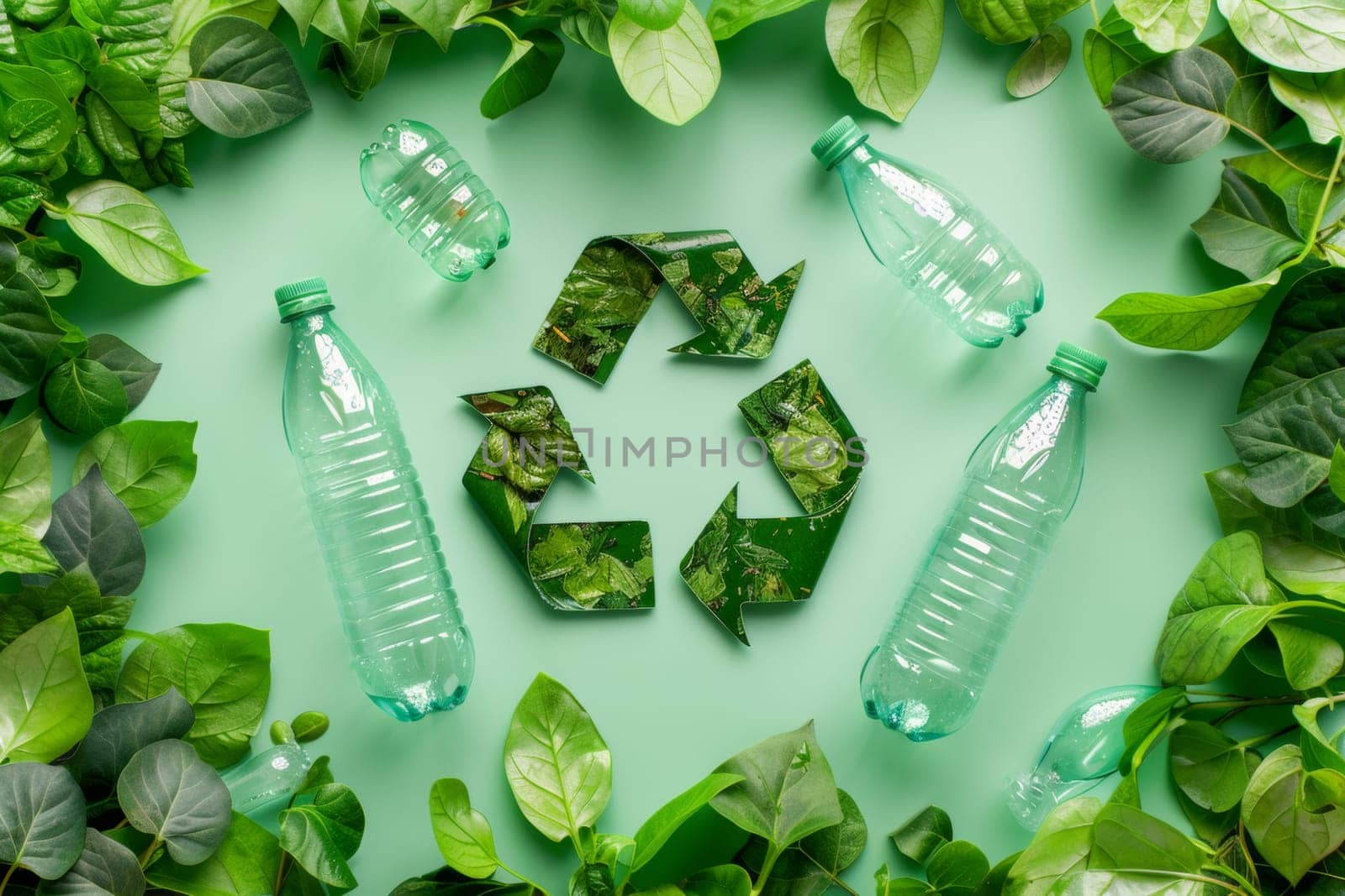 Illustration of recycling concept in green background with leaves , plastic bottles and recycle sign by papatonic