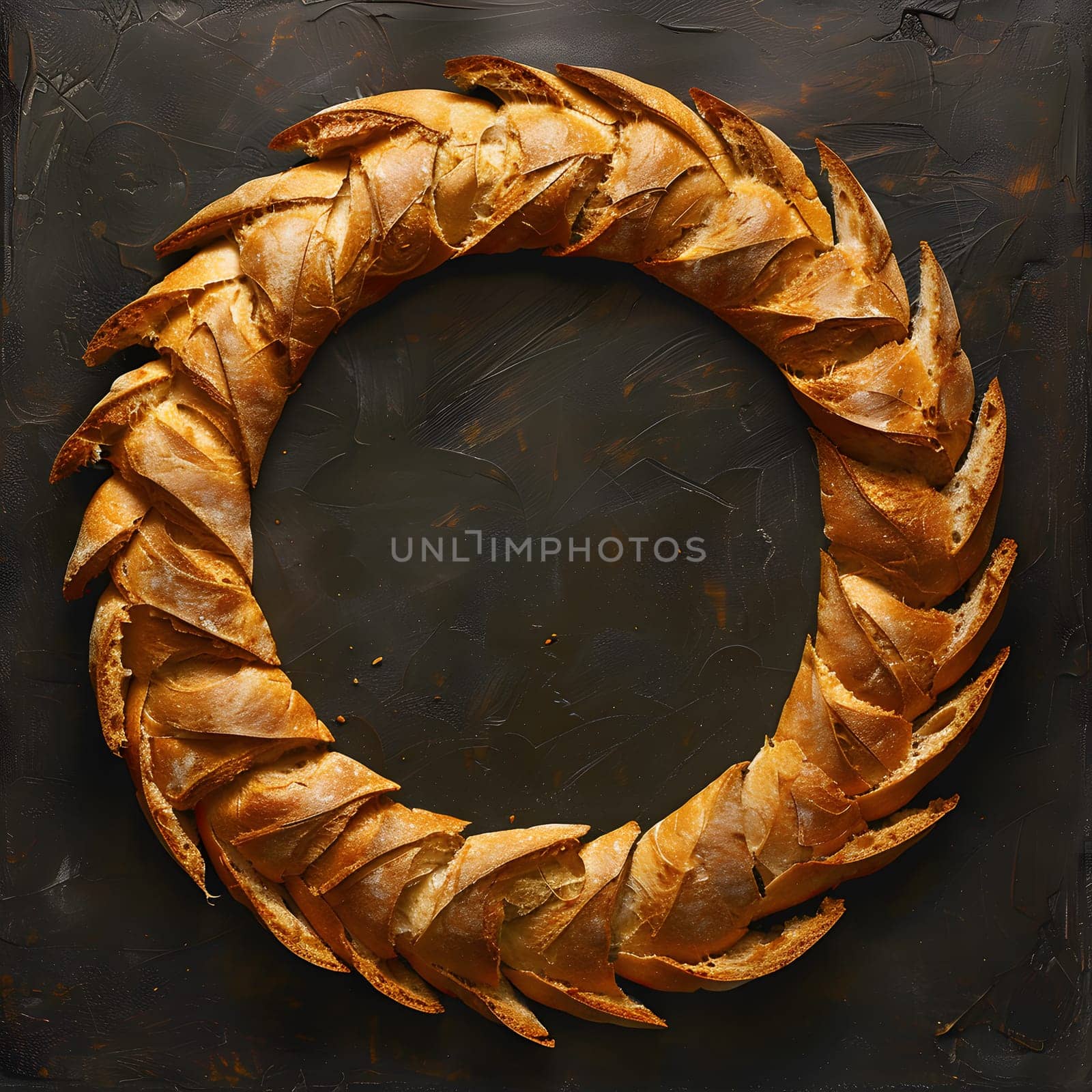 A bread wreath, resembling a piece of jewellery, is placed on a table. This stunning circle of staple food is captured in a still life photography style, resembling a metal fashion accessory