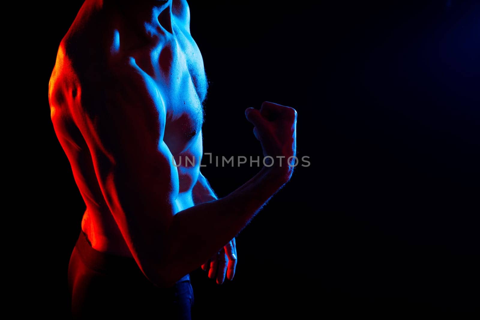 Fitness, man and back of body builder in closeup with strong muscle from training and workout. by Zelenin