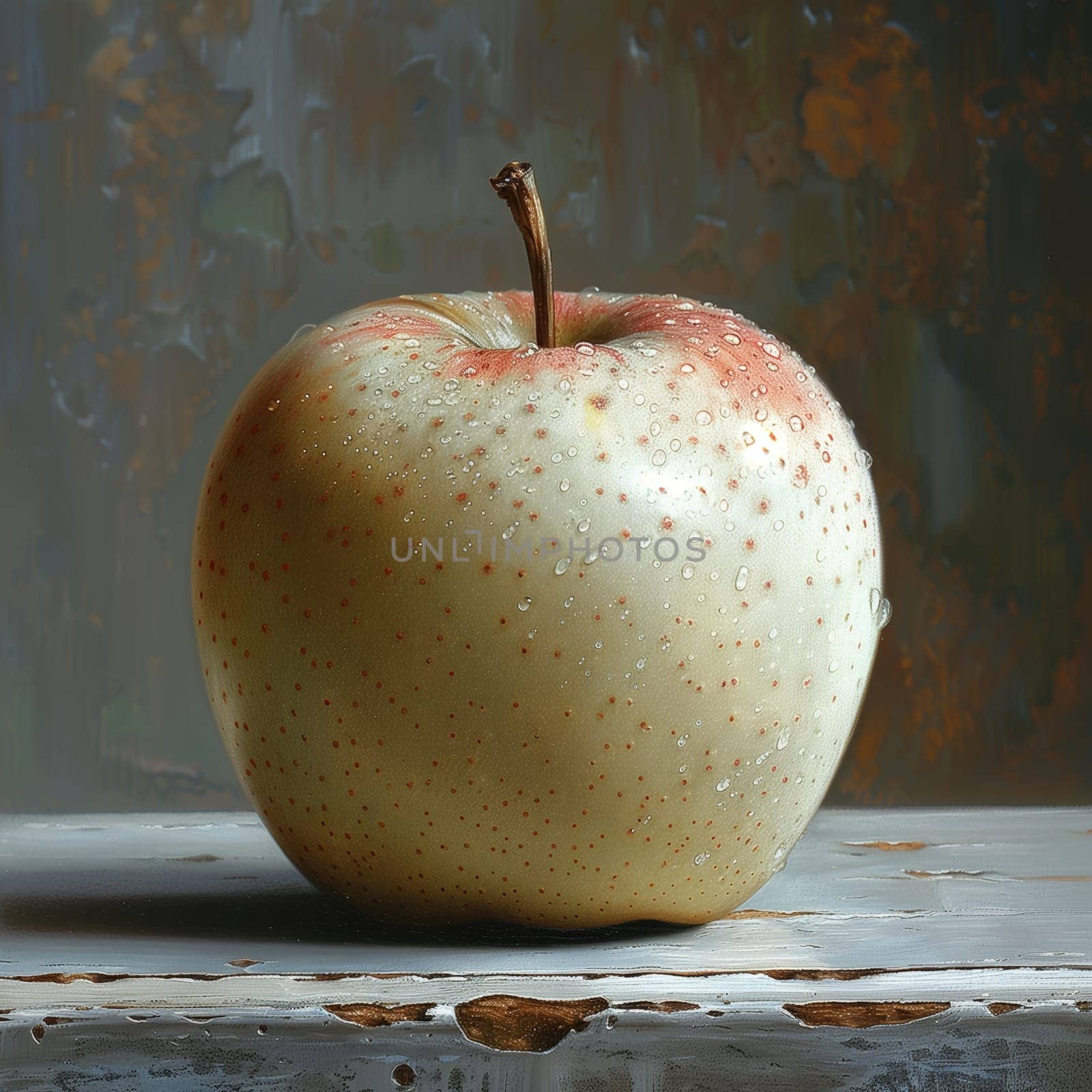 A single, ripe white apple sits on a weathered wooden table. The apple is covered in dewdrops, which give it a glistening appearance. The background is a soft, blurred gray.