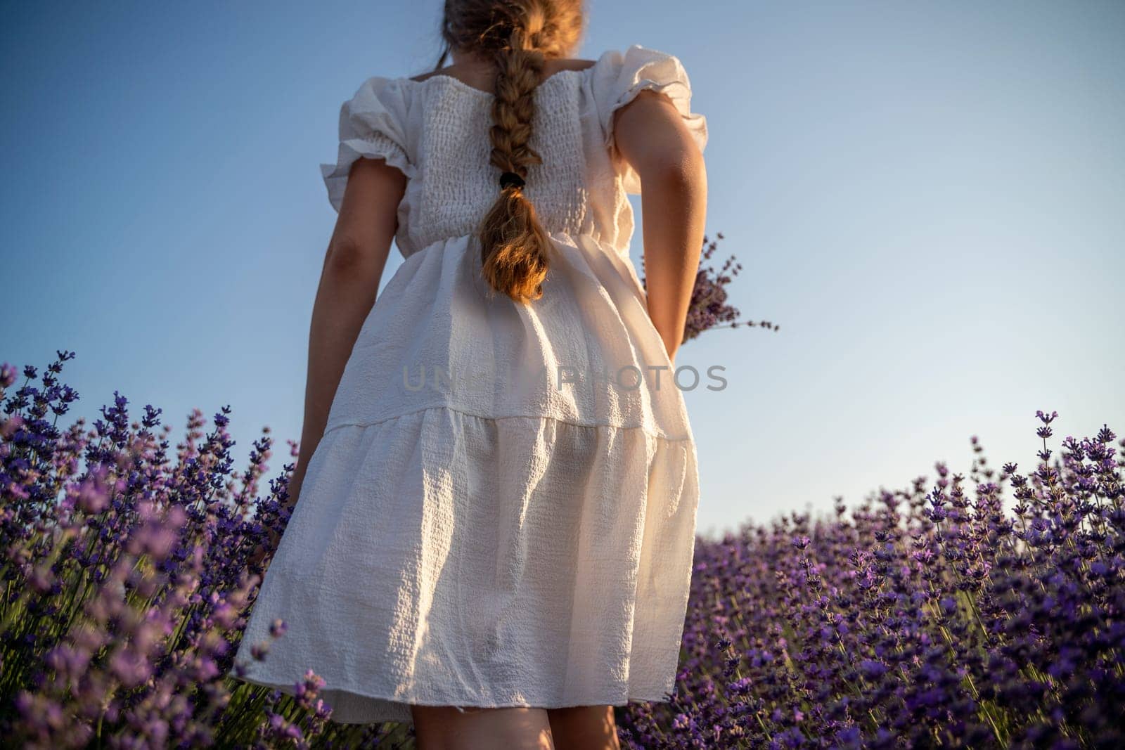 Lavender field girl. Back view happy girl in white dress with a scythe runs through a lilac field of lavender. Aromatherapy travel by Matiunina