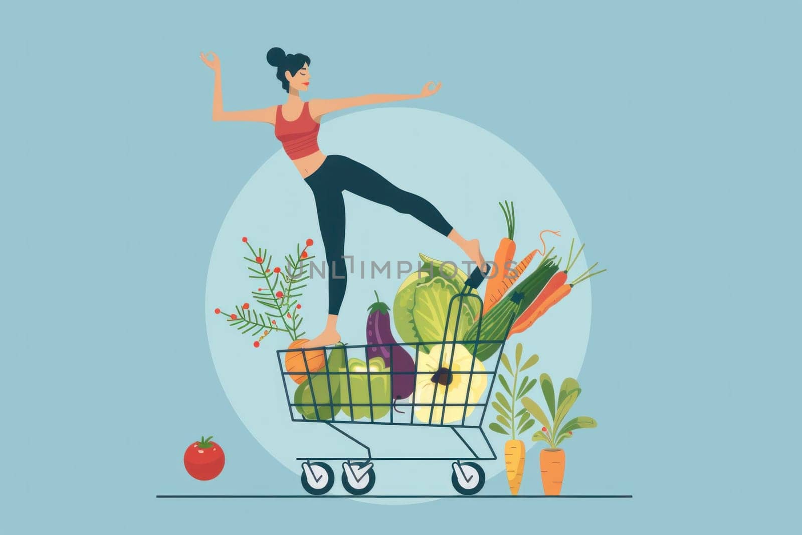 Woman standing on top of shopping cart full of vegetables and fruits in a vibrant farmers market scene