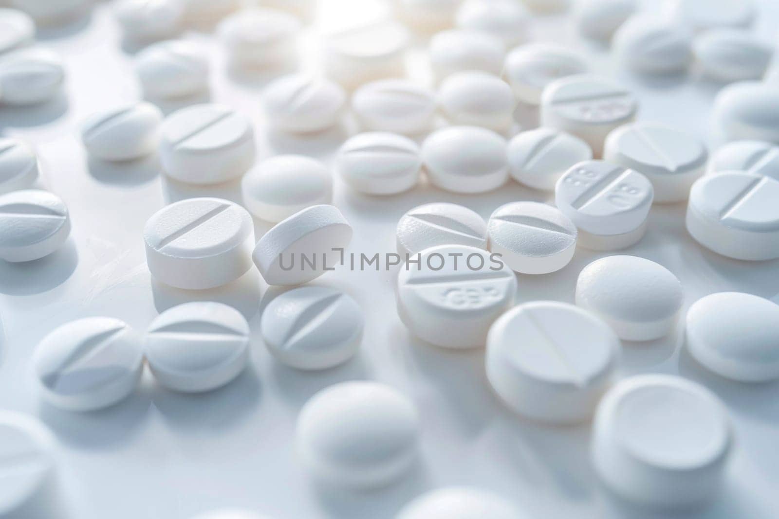 Medication pills on a bright white surface representing medical health and pharmaceutical industry by Vichizh