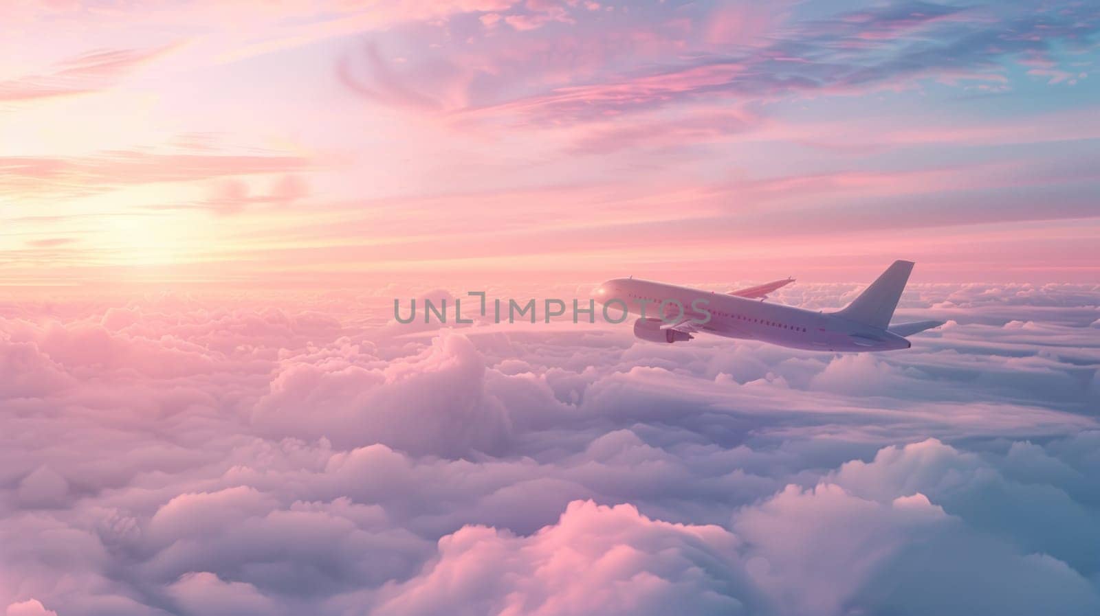 Airplane flying over the clouds at sunset, travel and business concept, 3d airline advertising photo