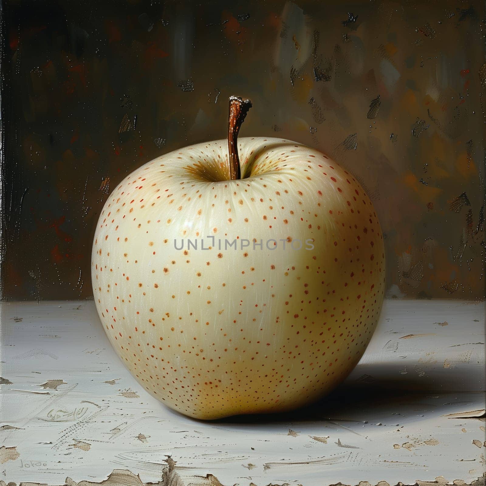A close-up image of a single white apple with a red-brown stem, resting on a white painted tabletop. The apple has a smooth, shiny texture and is covered in small, red speckles. The background is a blurred, dark brown color, creating a stark contrast with the bright apple. The image is likely a still life painting due to its hyper-realistic details and smooth, untextured surface.