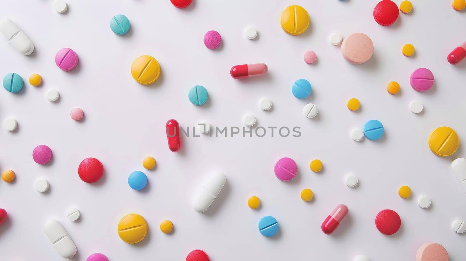 Colorful medication and pills on white surface with space for text and image for medical concept