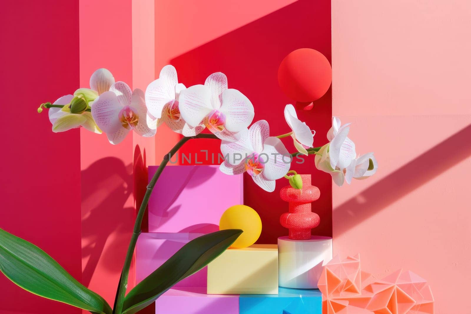 Colorful blocks and white orchid on pink wall beauty and elegance in artful decor display by Vichizh