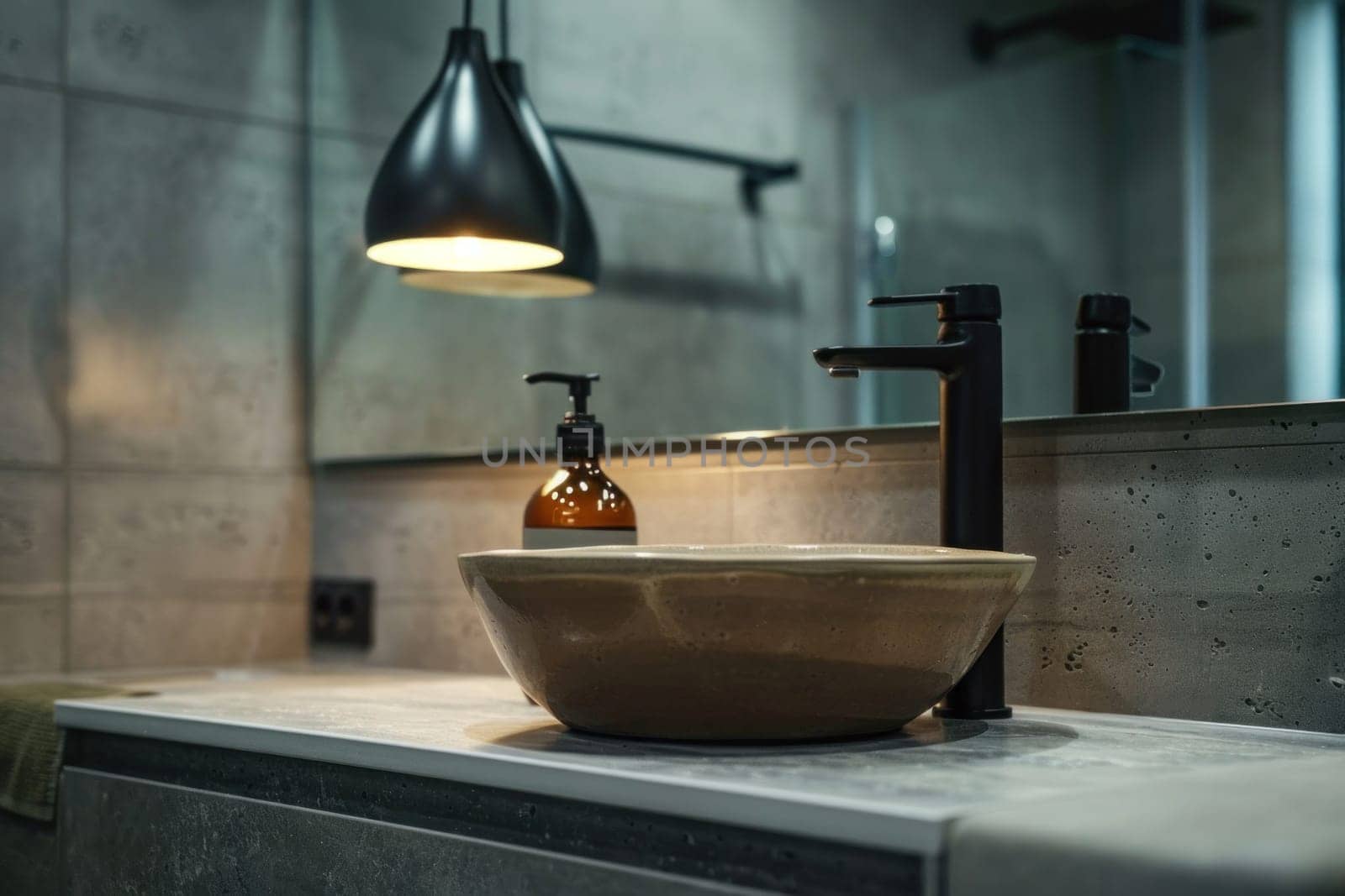 Modern bathroom interior with sink, countertop, mirror, and hanging light fixture in luxury home design and decor theme by Vichizh