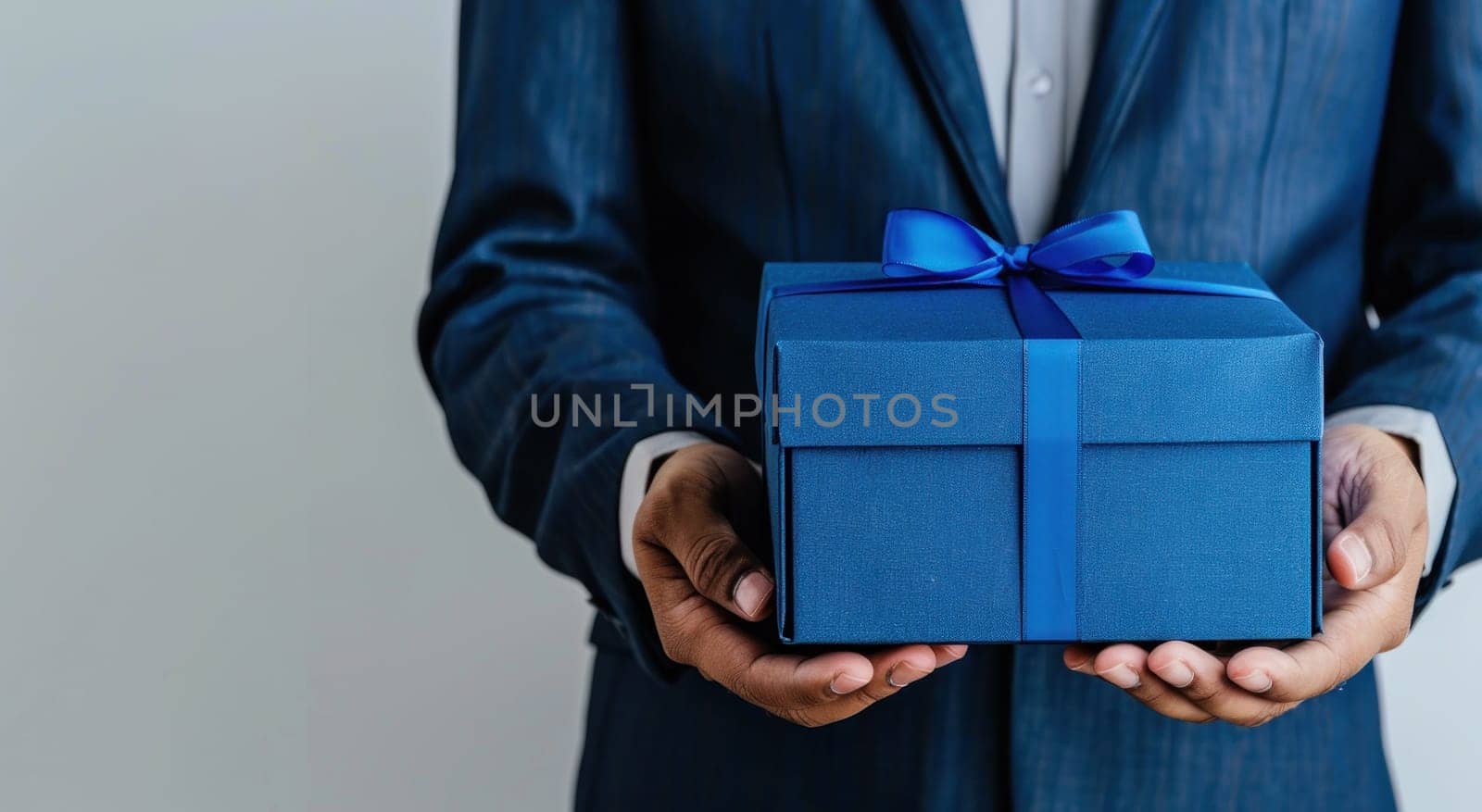 Elegant man holding blue gift box with bow in business environment for corporate gifting concept
