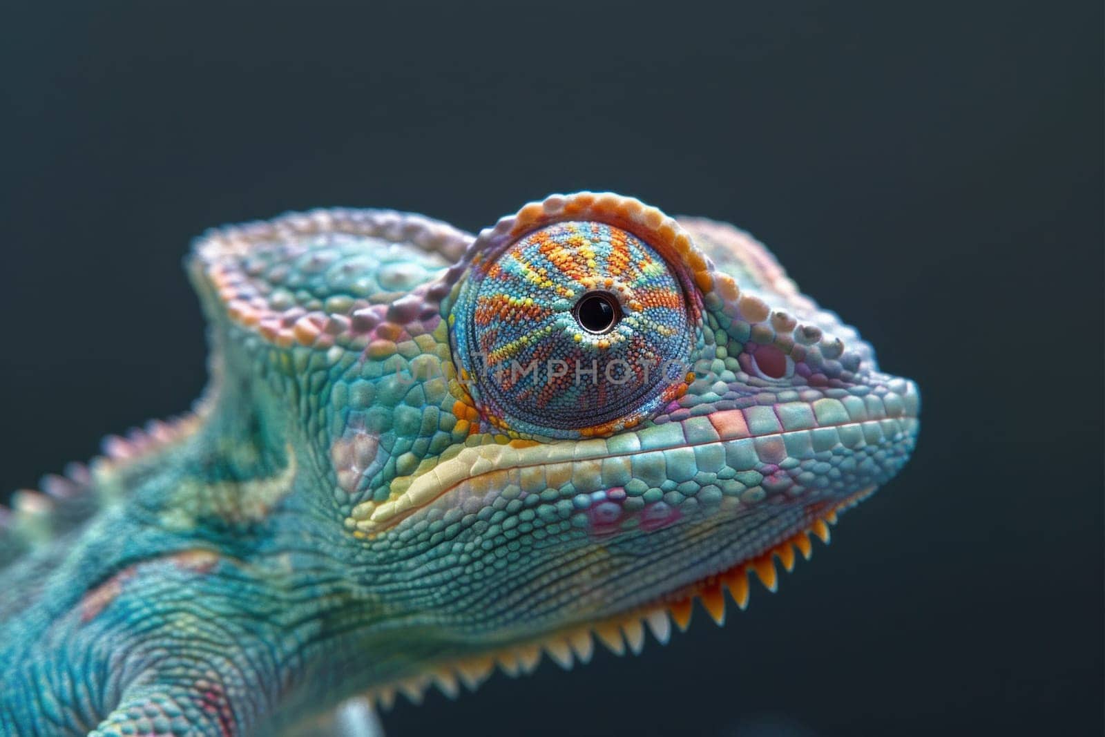 Colorful chameleon with vibrant eyes and long neck on dark background, exotic wildlife closeup shot by Vichizh