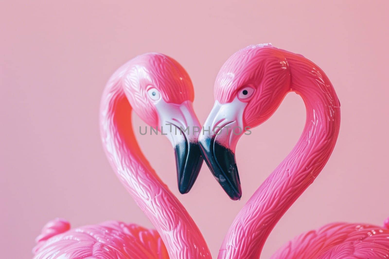 Romantic pink flamingos forming heart shape on pink background in love and travel concept