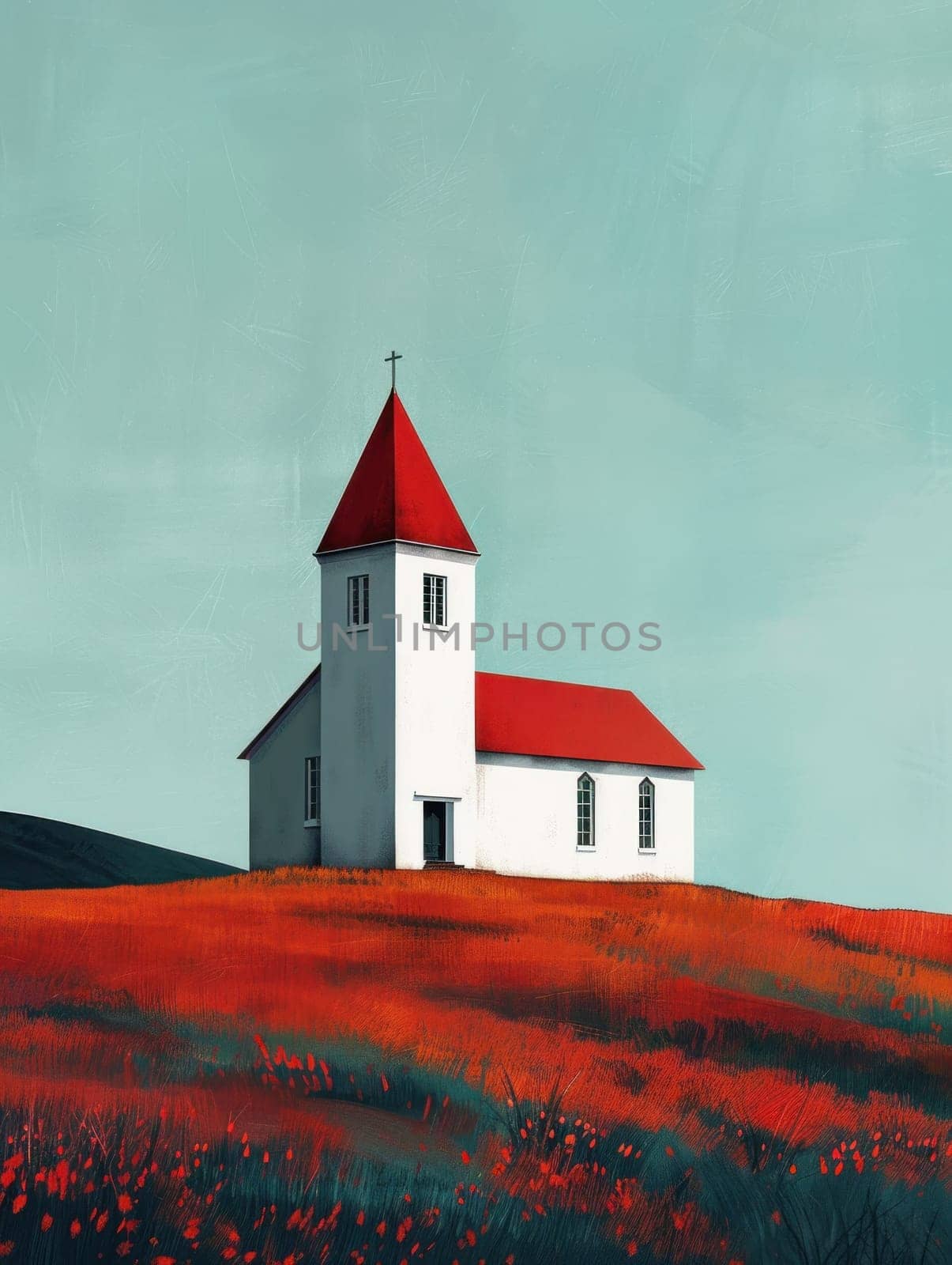 Church in a field of red poppies serene beauty amidst nature's splendor by Vichizh