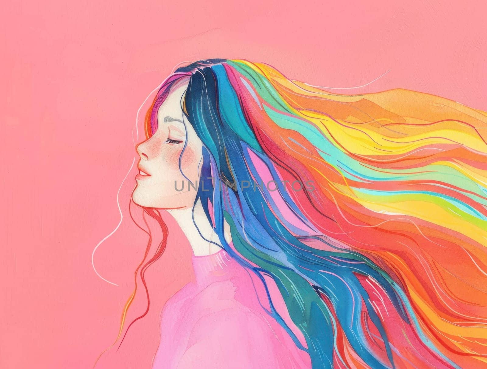 Woman with long hair and rainbow beauty and artistic expression in pink background portrait