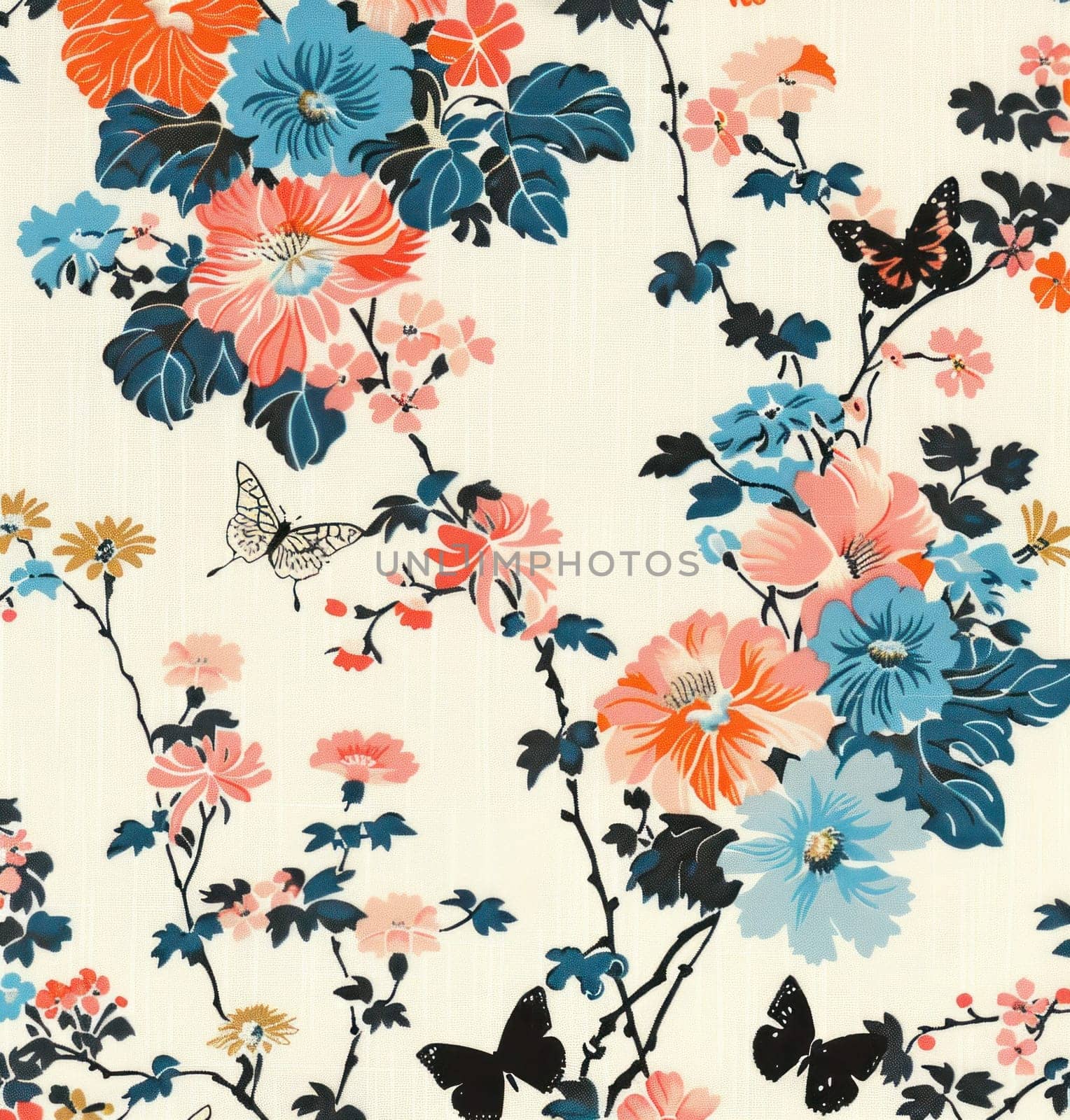 Colorful butterflies and flowers on white background with blue, orange, and pink flowers, nature and beauty concept