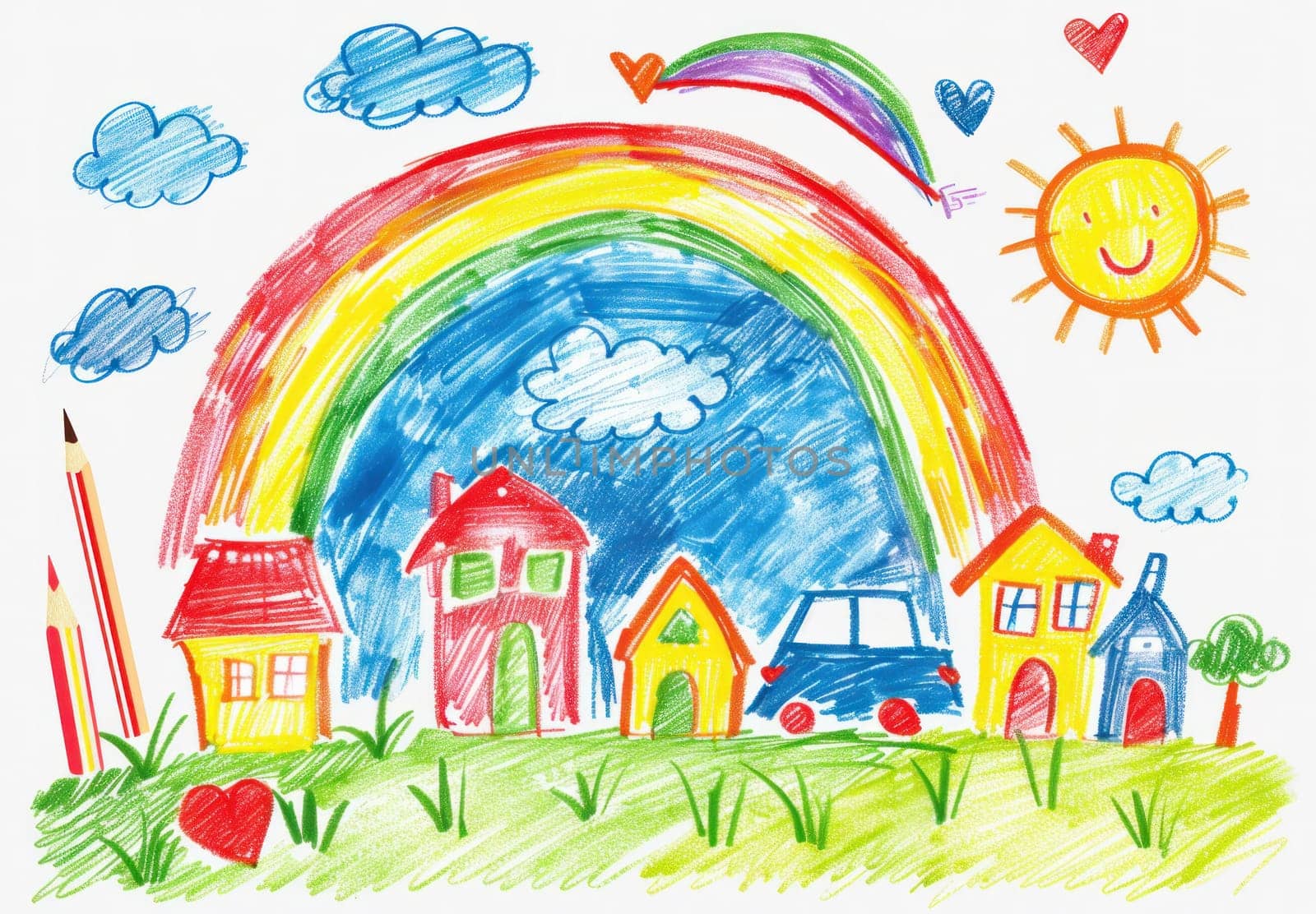 Child's drawing of a colorful house with rainbow, clouds, and sun in the sky enjoying happy travel and adventure by Vichizh