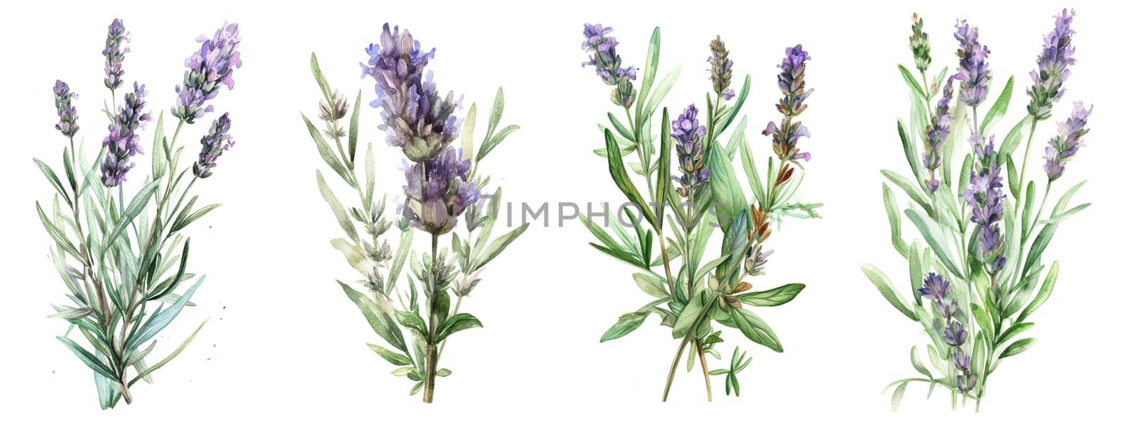 Watercolor set collection with lavender sprig and leaves isolated on a white background. Healthy food and seasoning concept. AI generated illustration.